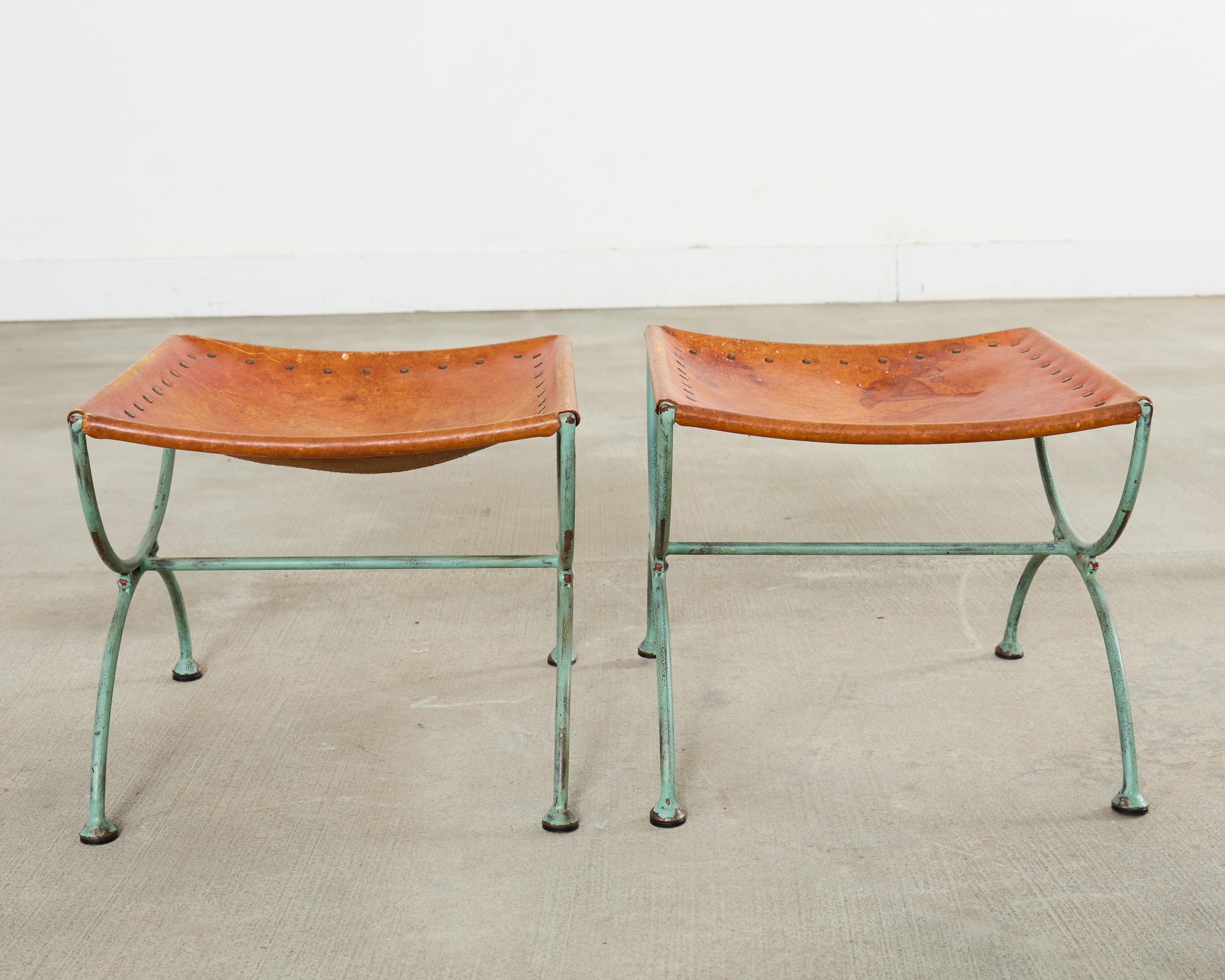 Pair of Spanish Style Iron Leather Curule Stool Benches For Sale 10