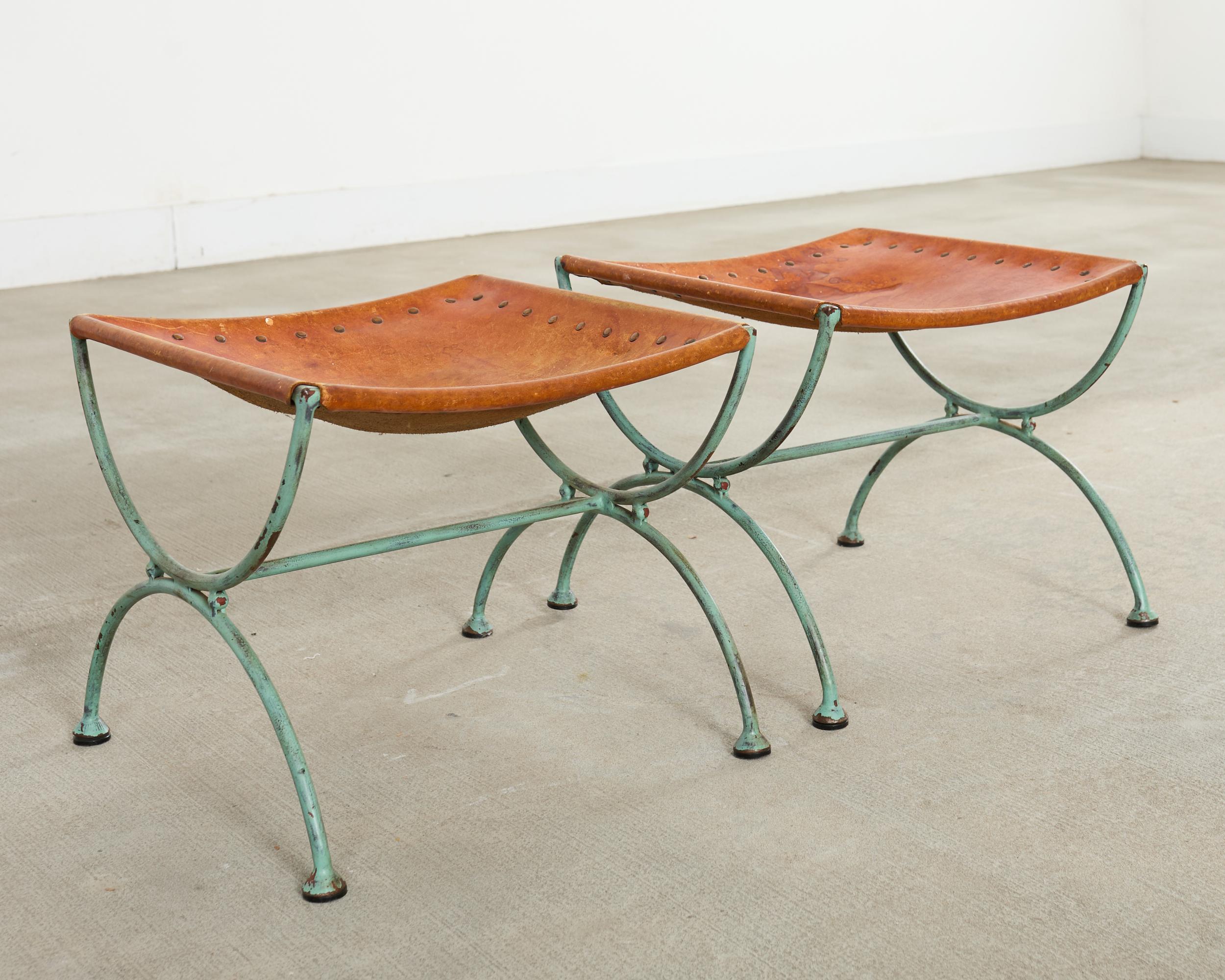 Pair of Spanish Style Iron Leather Curule Stool Benches For Sale 11