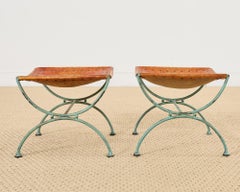 Pair of Spanish Style Iron Leather Curule Stool Benches