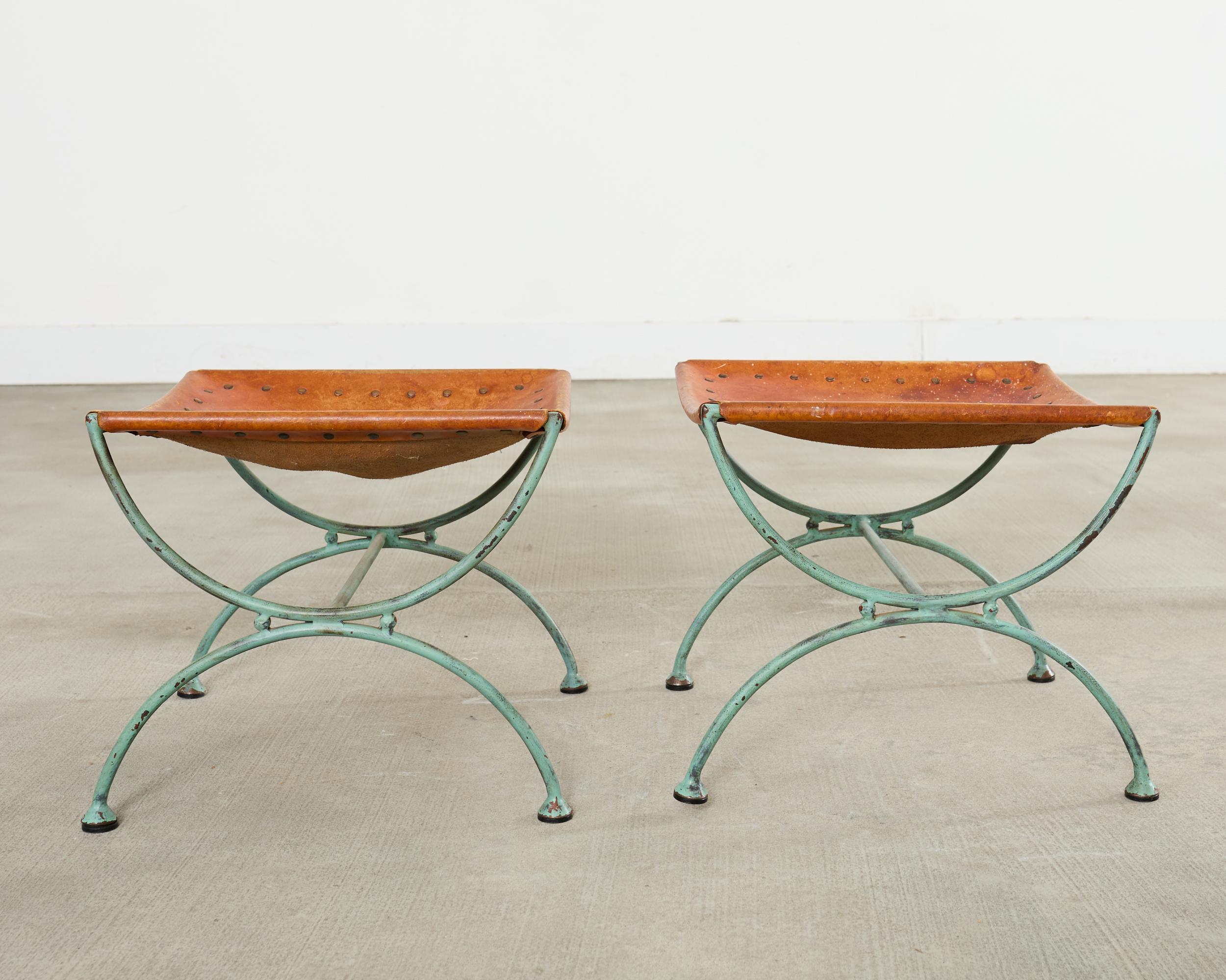 Mid-Century Modern Pair of Spanish Style Iron Leather Curule Stool Benches For Sale