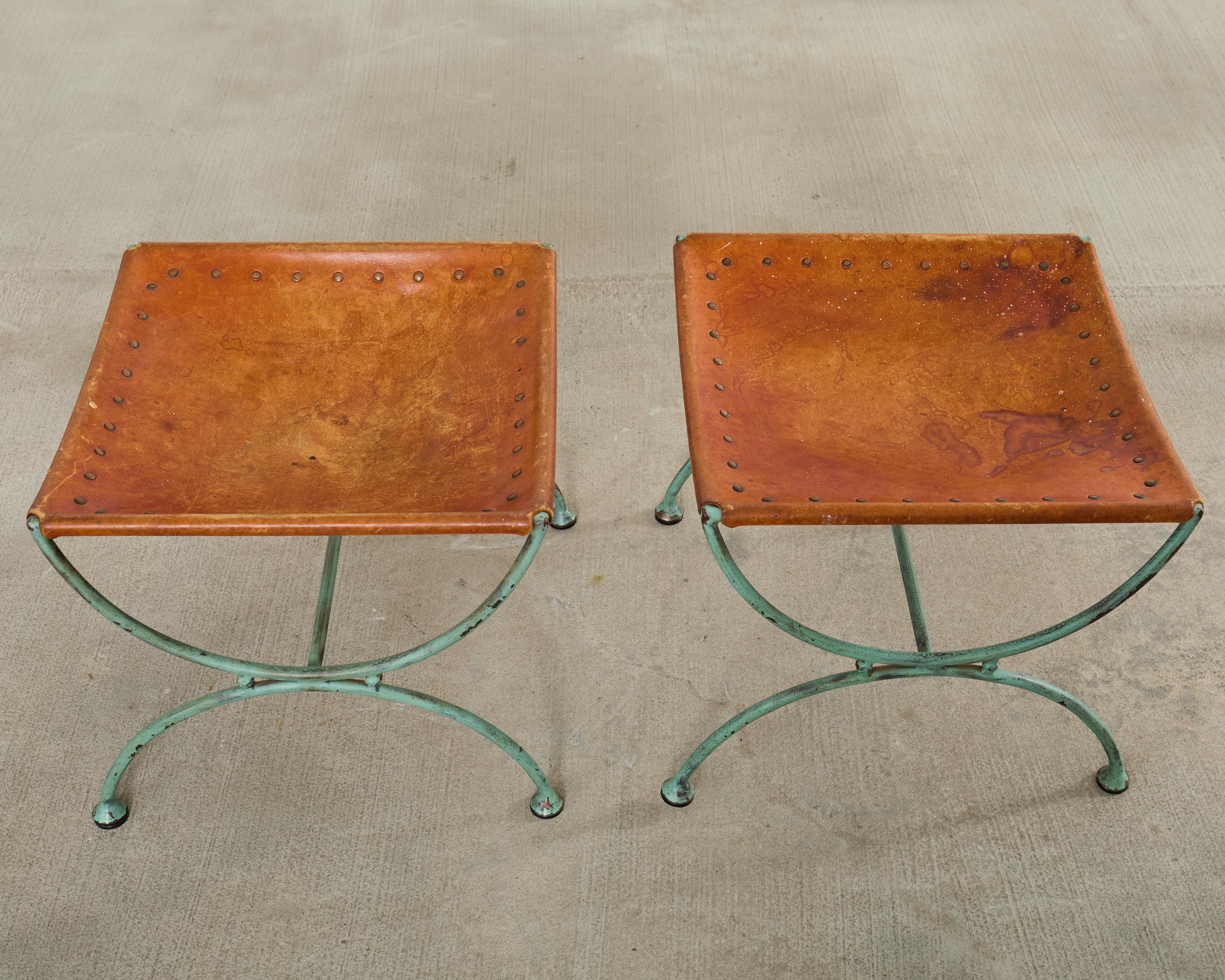 American Pair of Spanish Style Iron Leather Curule Stool Benches For Sale