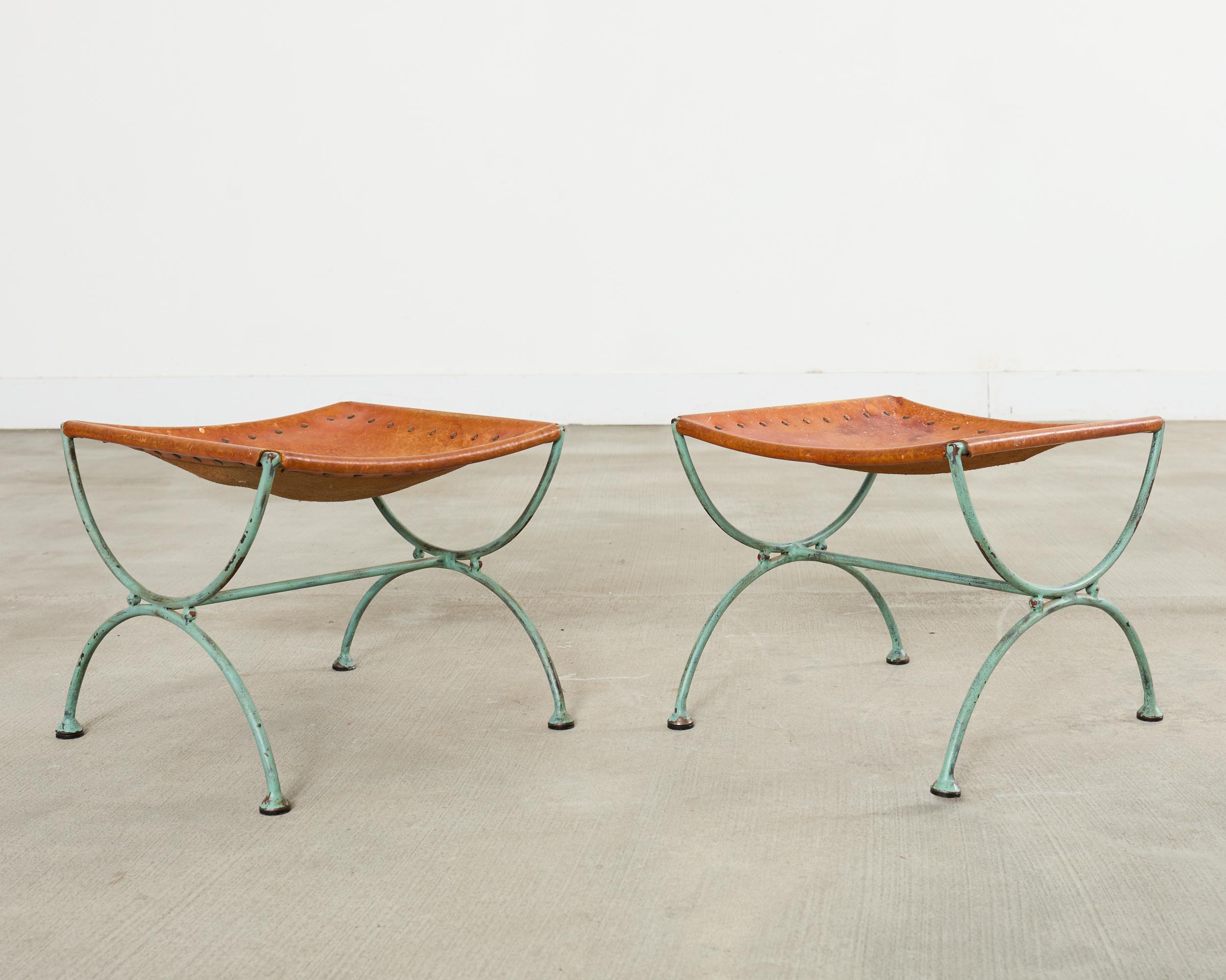 Patinated Pair of Spanish Style Iron Leather Curule Stool Benches For Sale