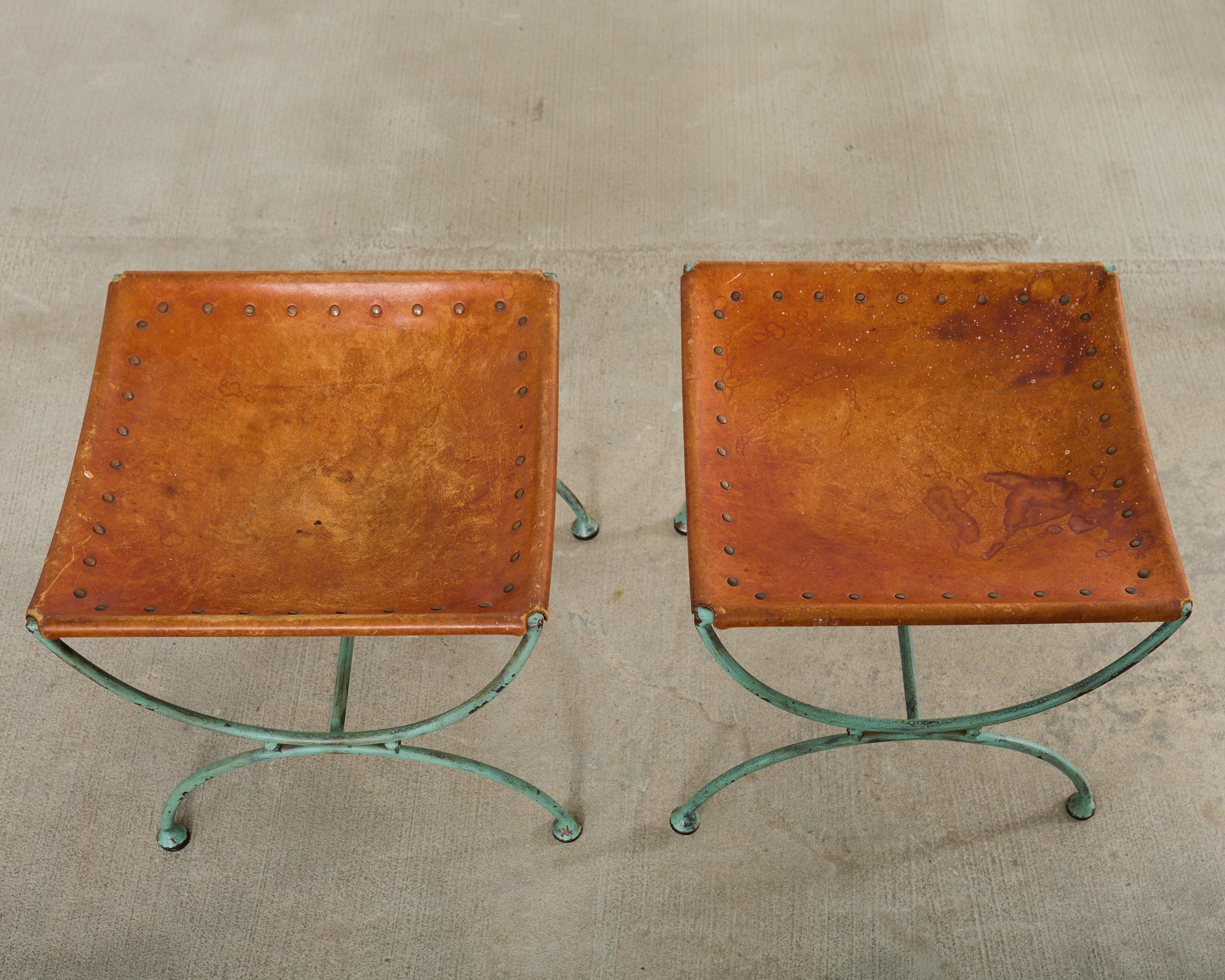 Pair of Spanish Style Iron Leather Curule Stool Benches In Good Condition For Sale In Rio Vista, CA