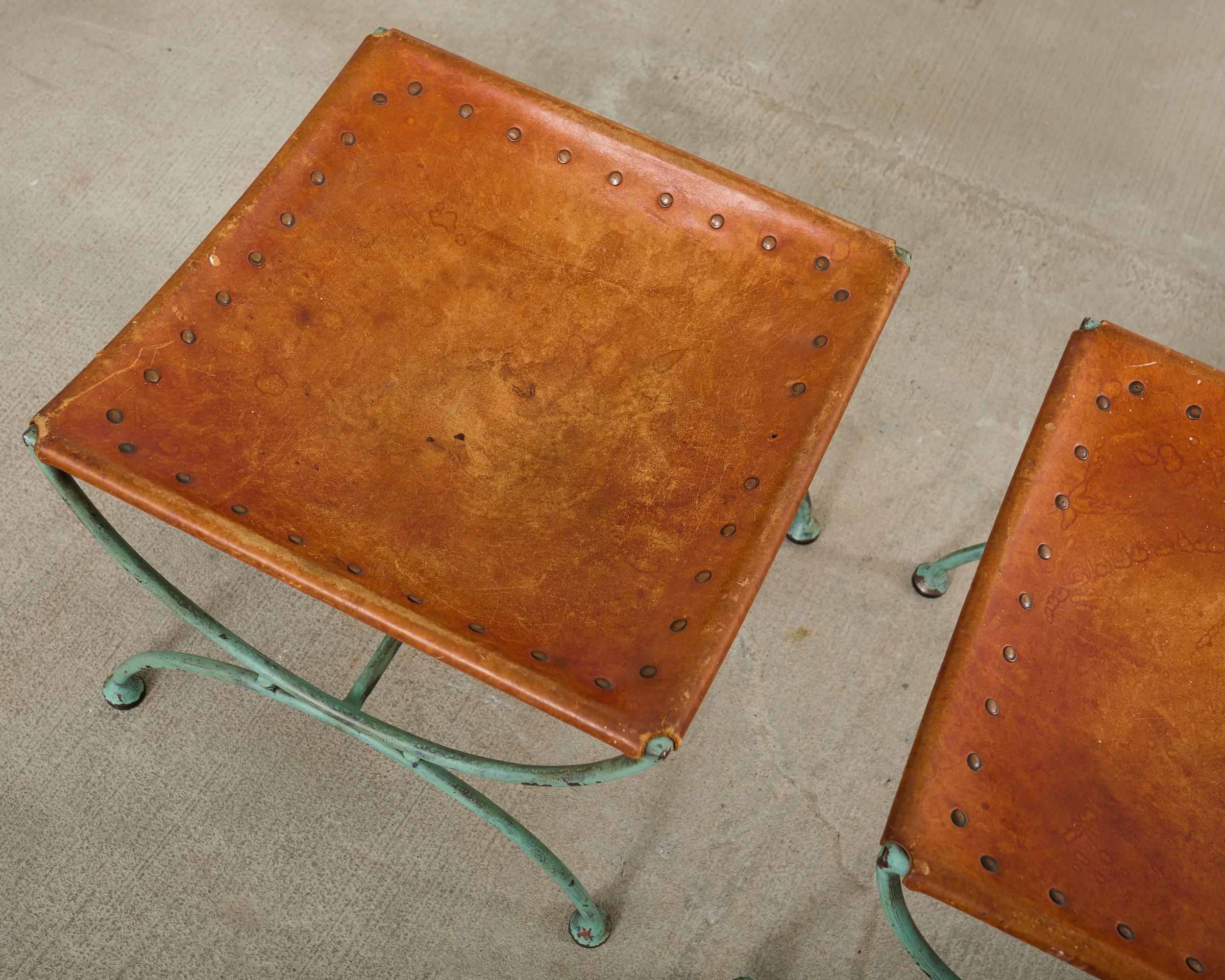 Pair of Spanish Style Iron Leather Curule Stool Benches For Sale 1