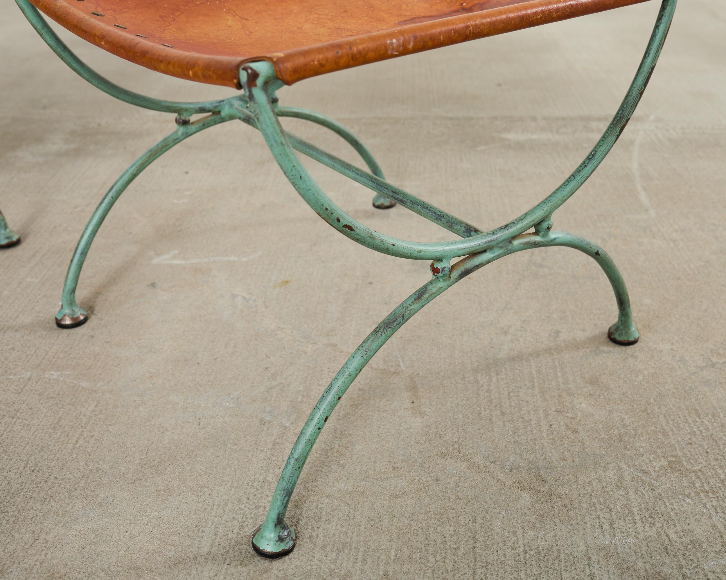 Pair of Spanish Style Iron Leather Curule Stool Benches For Sale 2