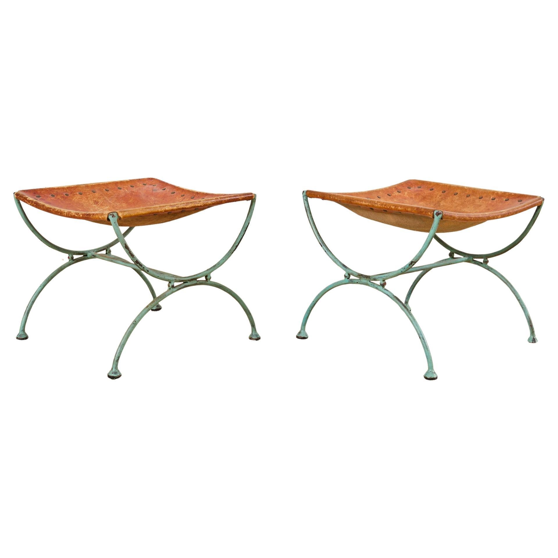 Paar Eisen Leder Curule Hocker Bänke im spanischen Stil