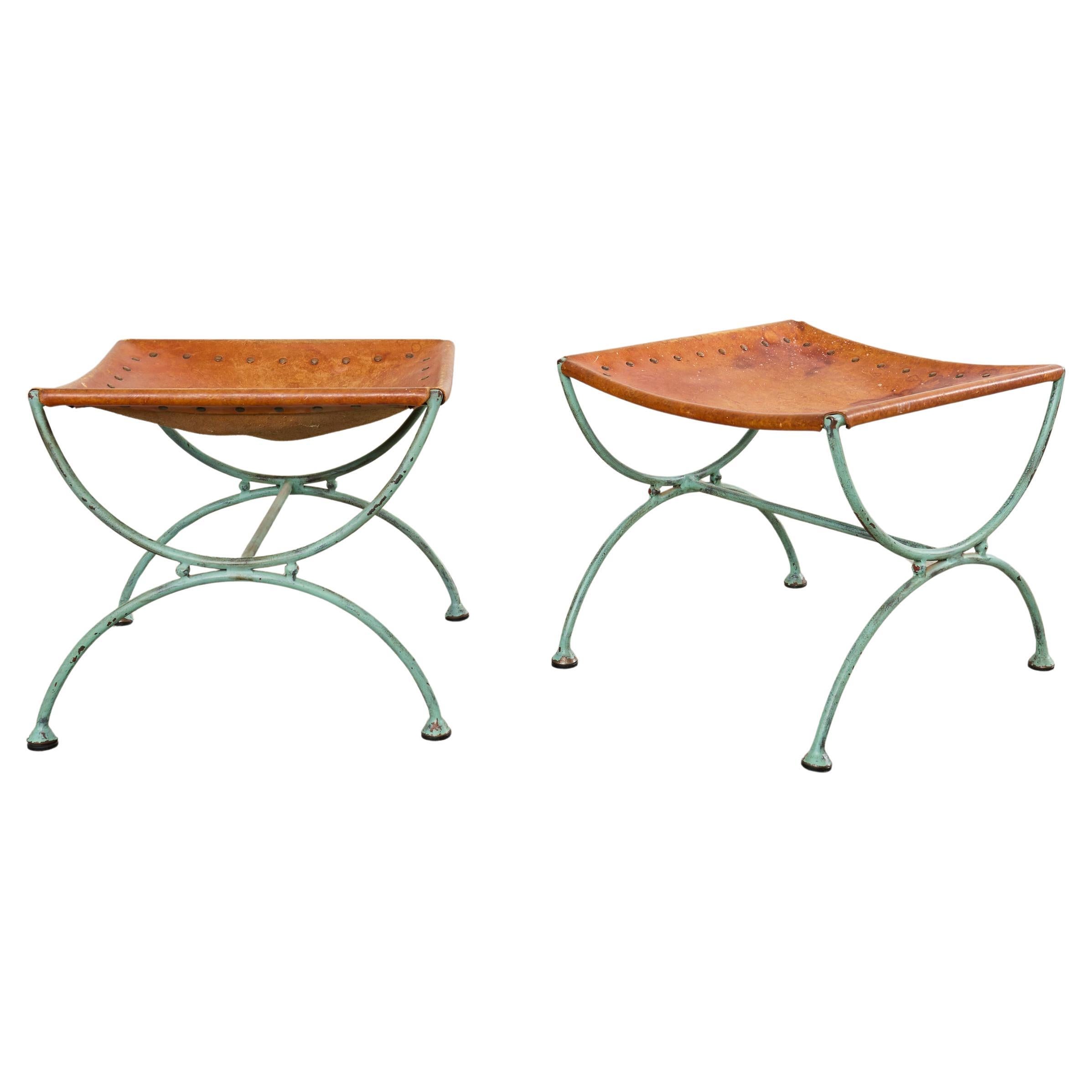 Pair of Spanish Style Iron Leather Curule Stool Benches For Sale