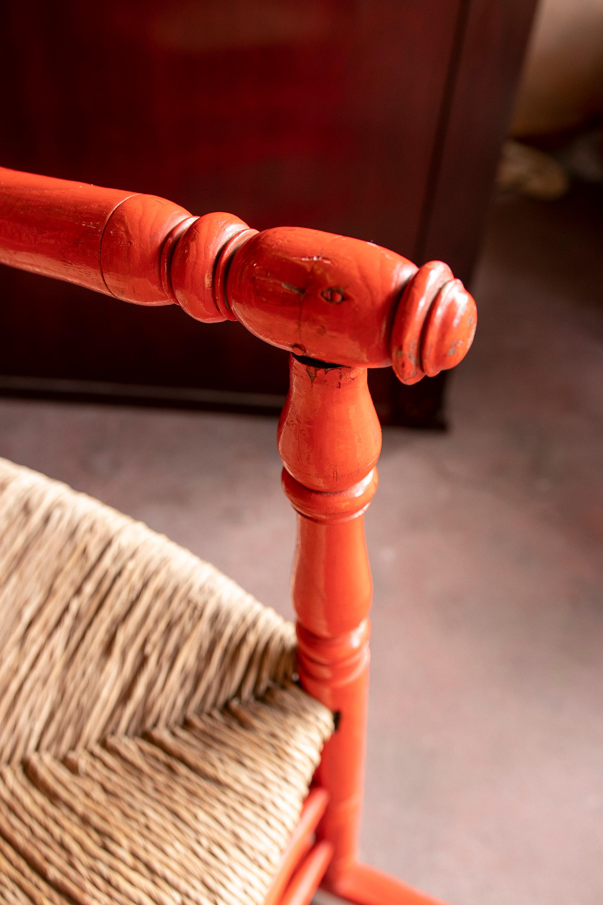 Spanish Pair of  style wooden rocking chairs with Bulrush and Painted in Red For Sale 5