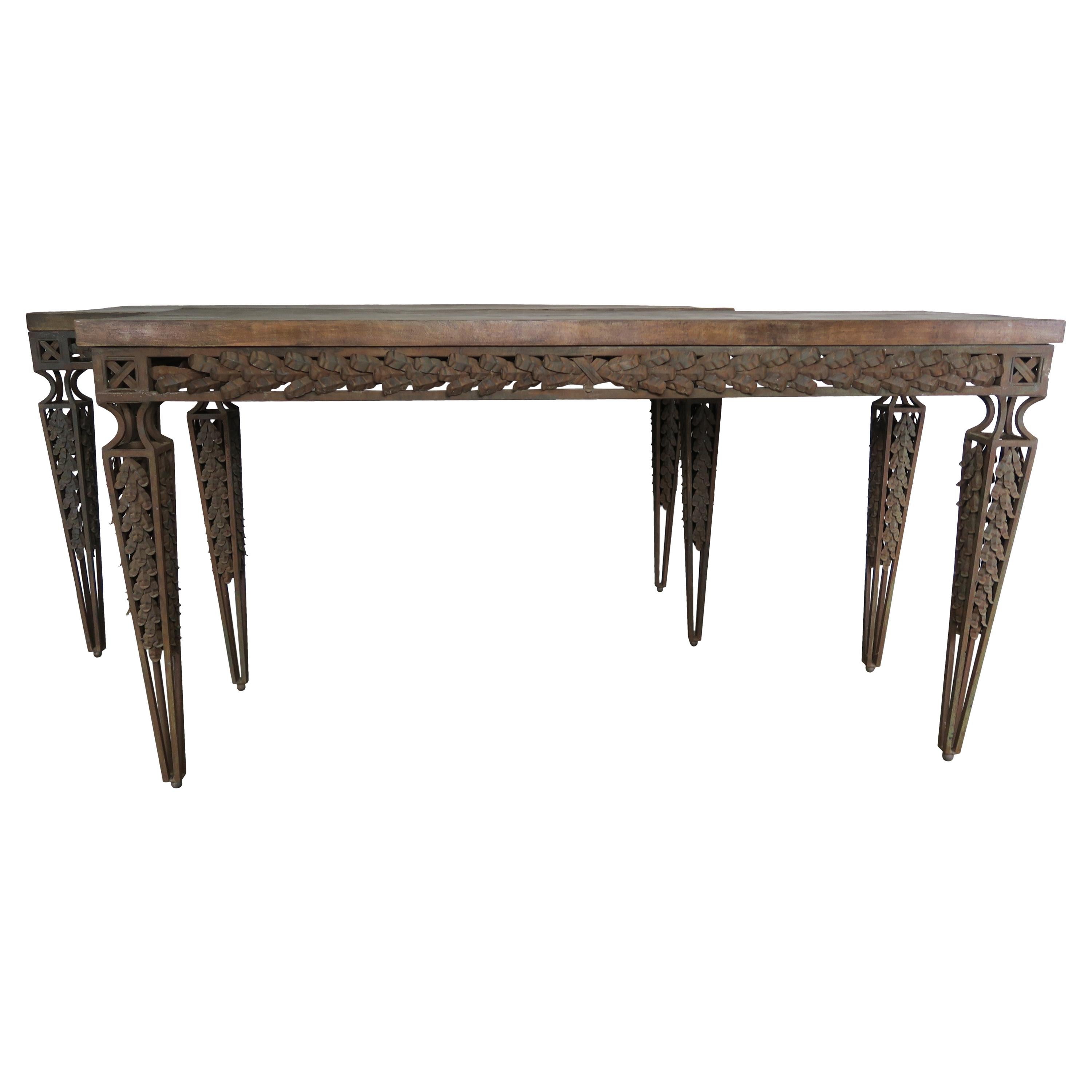 Pair of Spanish Style Wrought Iron Consoles with Wood Tops