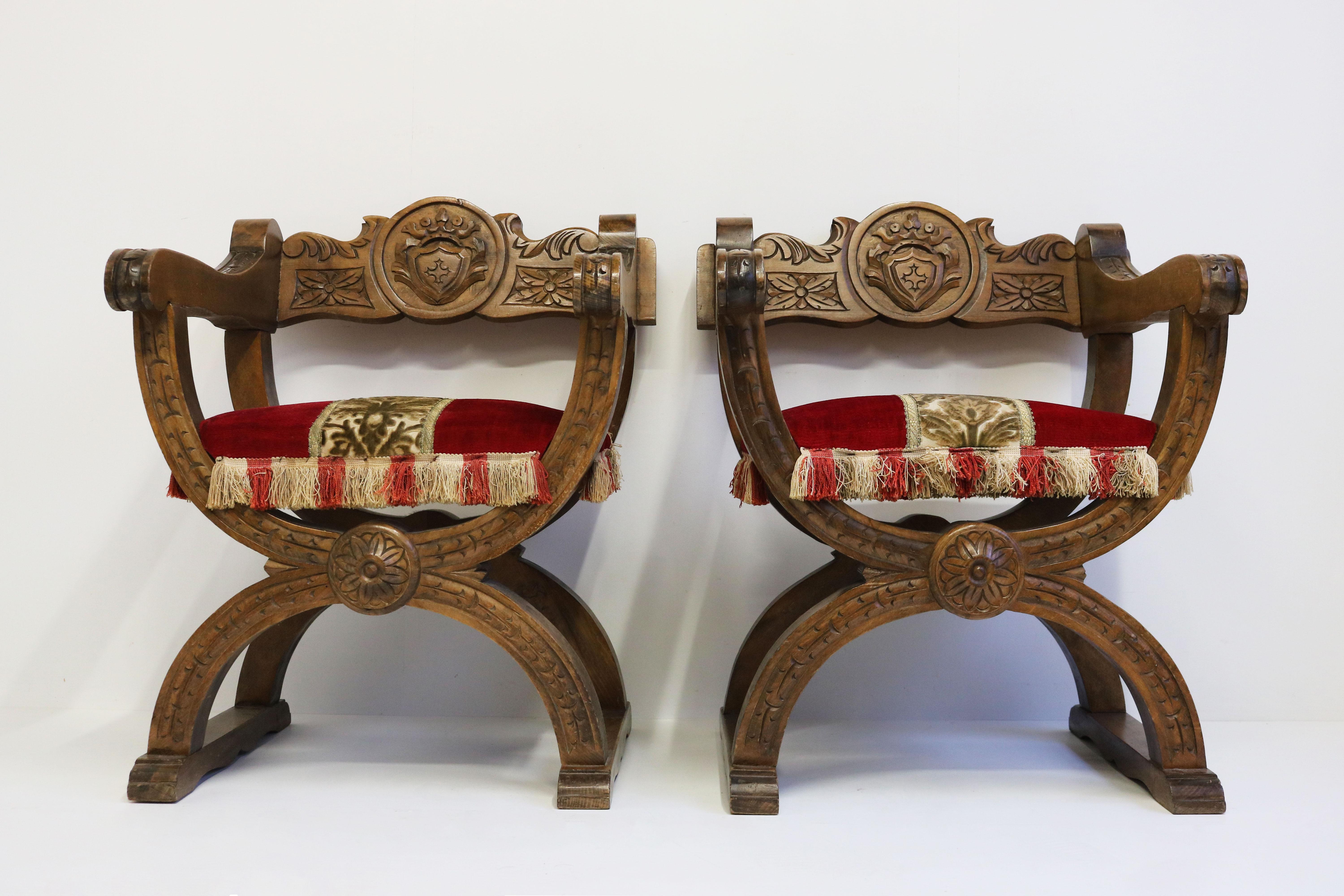Fabric Pair of Spanish Style X Frame Throne / Castle Chairs in Oak 1930s Savonarola