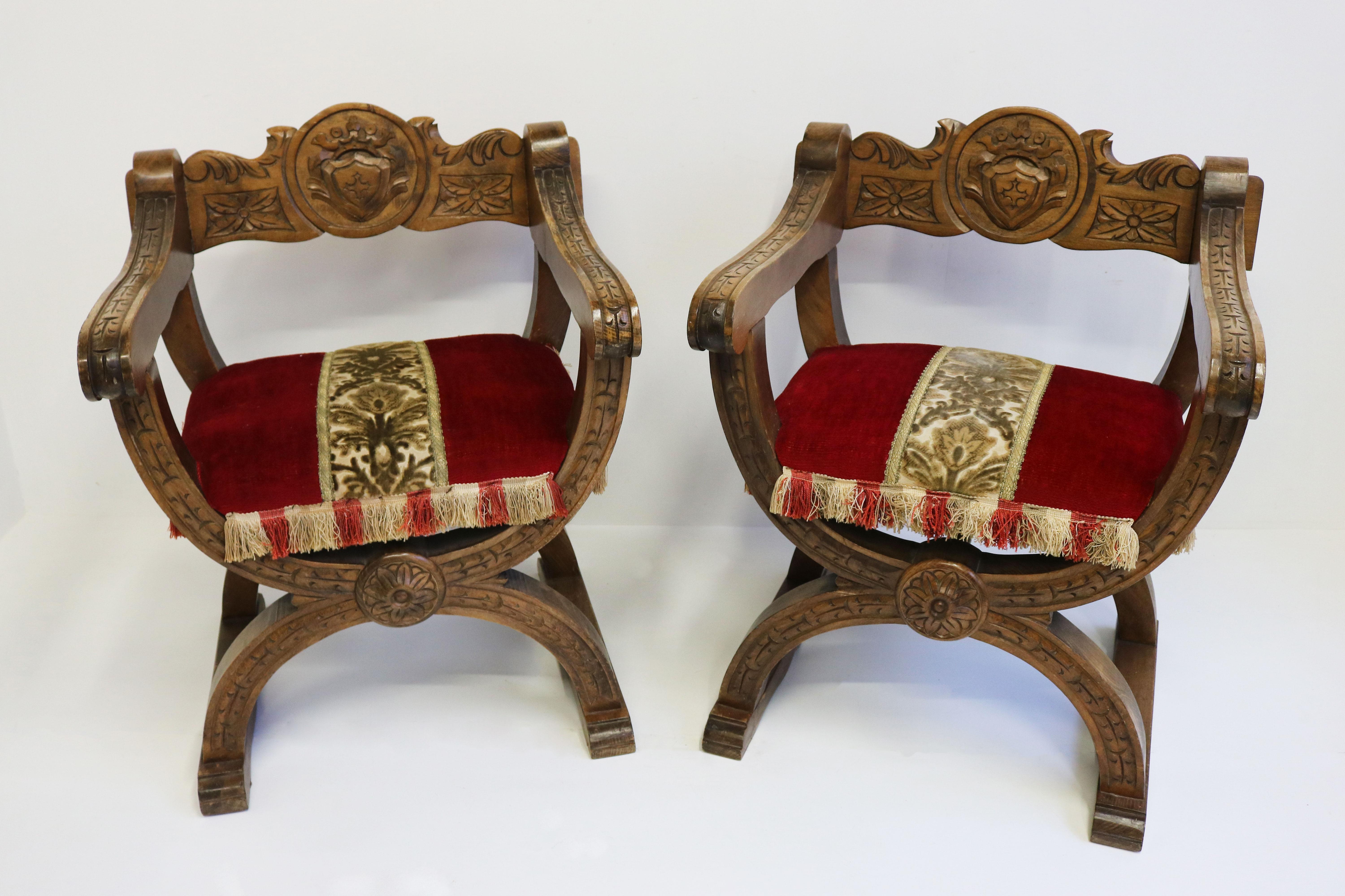 Pair of Spanish Style X Frame Throne / Castle Chairs in Oak 1930s Savonarola 1