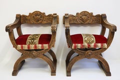 Pair of Spanish Style X Frame Throne / Castle Chairs in Oak 1930s Savonarola