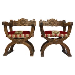 Pair of Spanish Style X Frame Throne / Castle Chairs in Oak 1930s Savonarola