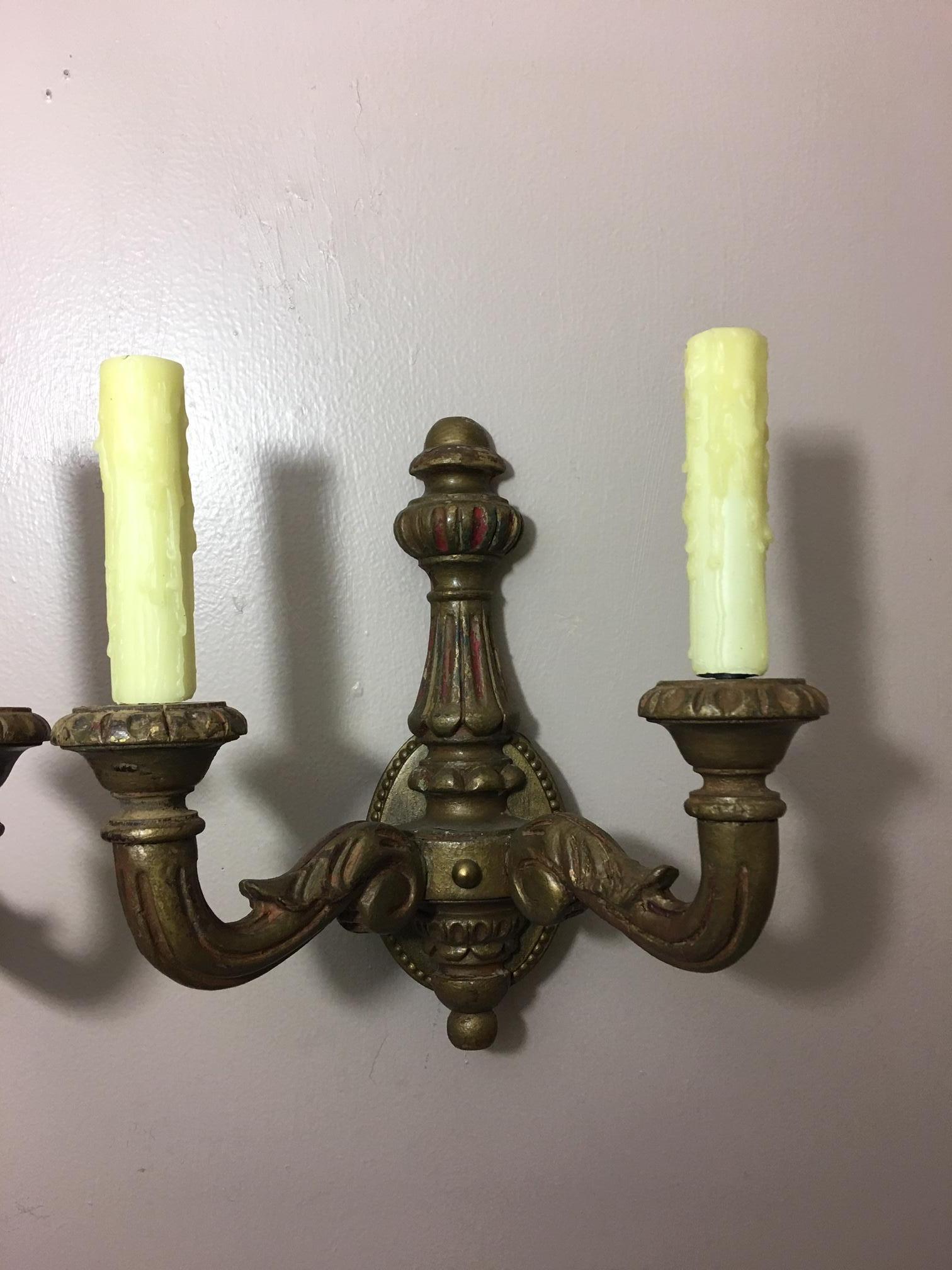 Pair of Spanish Two-Light Carved Wood Sconces, Early 20th Century In Good Condition In Savannah, GA