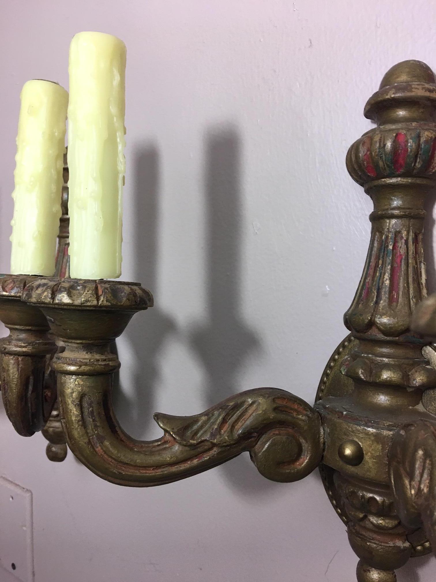 Pair of Spanish Two-Light Carved Wood Sconces, Early 20th Century 5