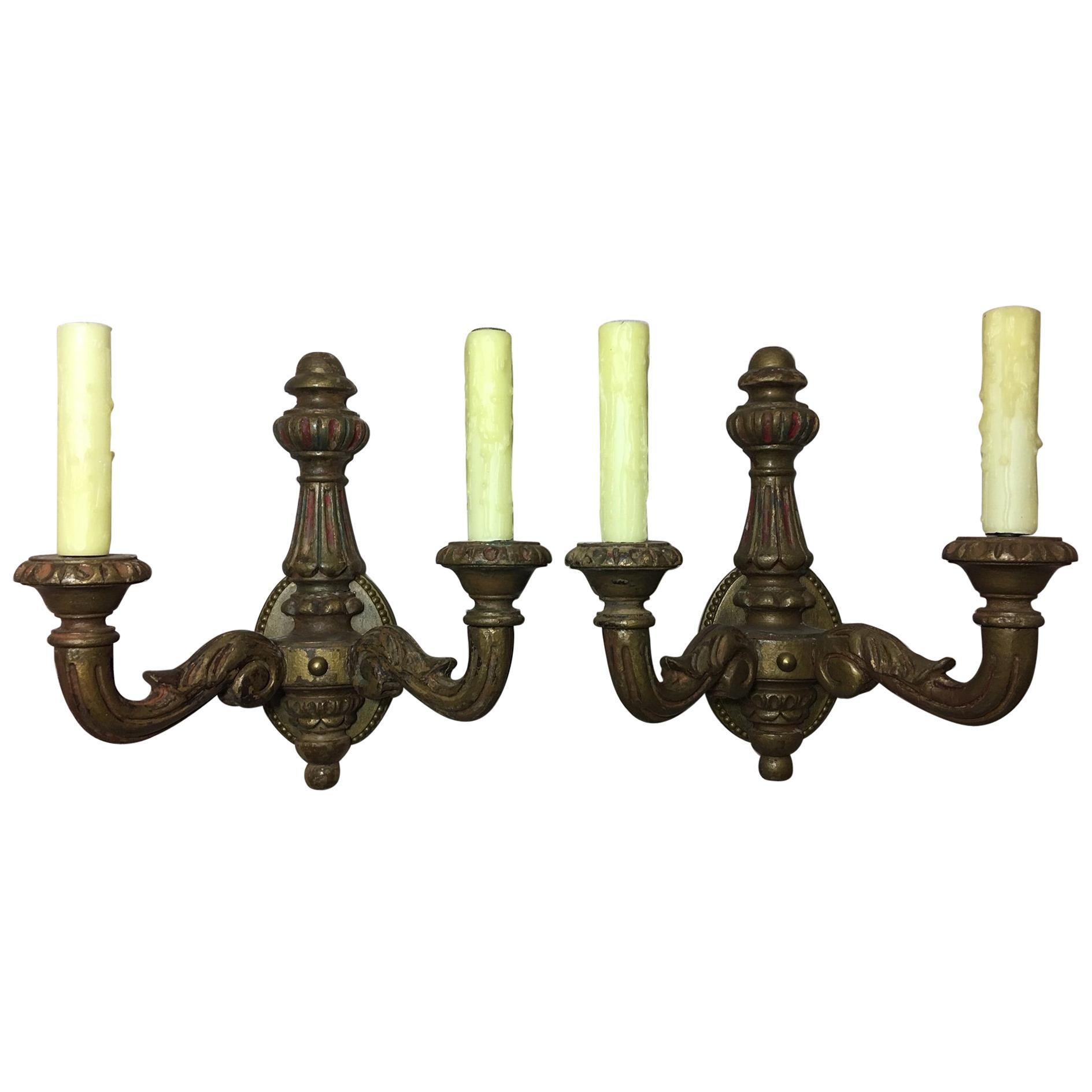 Pair of Spanish Two-Light Carved Wood Sconces, Early 20th Century