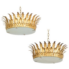Pair of Spanish Vintage Gilt Metal Crown Light Fixtures, circa 1950