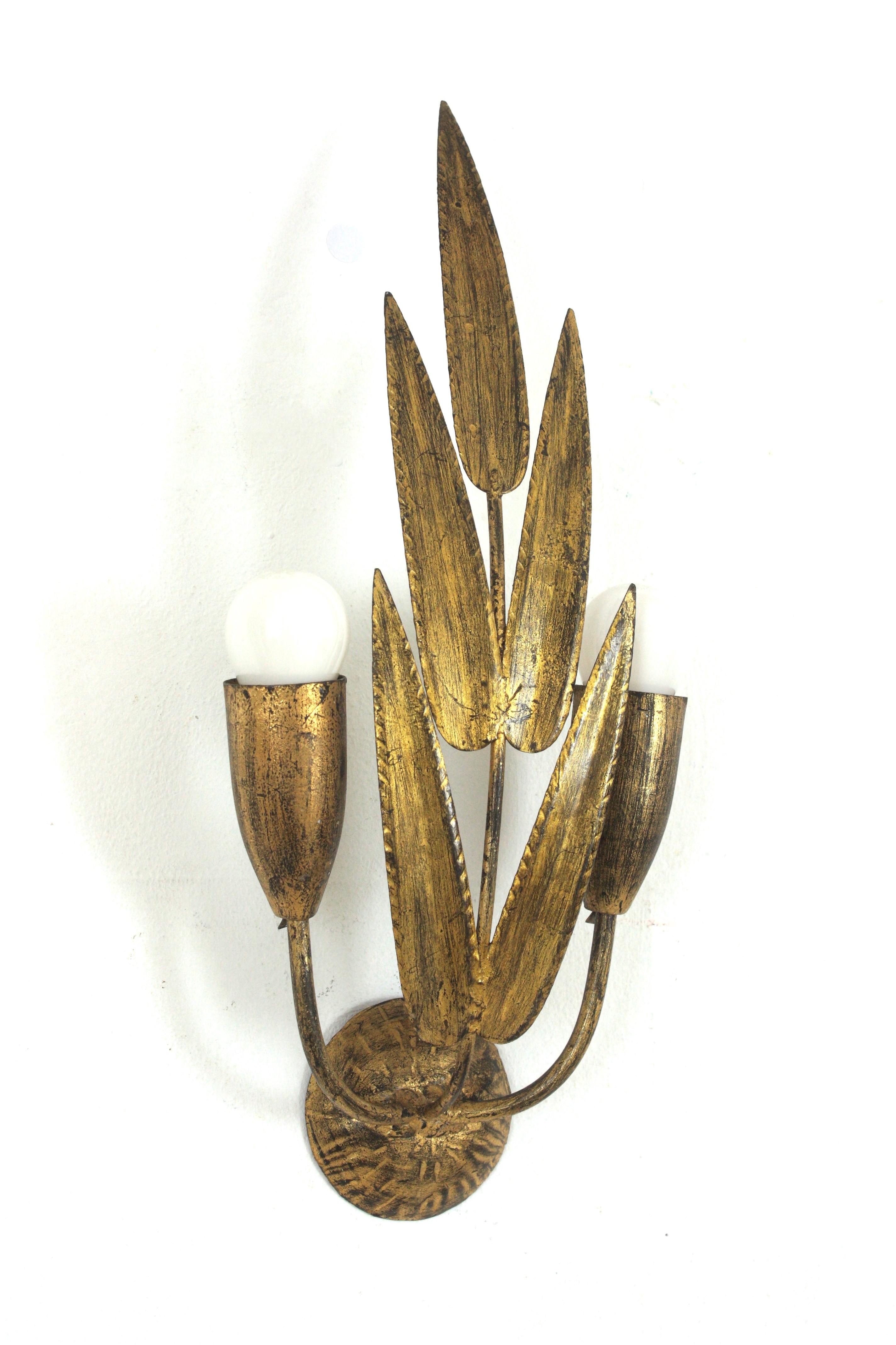 Pair of Spanish Wall Sconces with Foliage Design, Gilt Iron 4