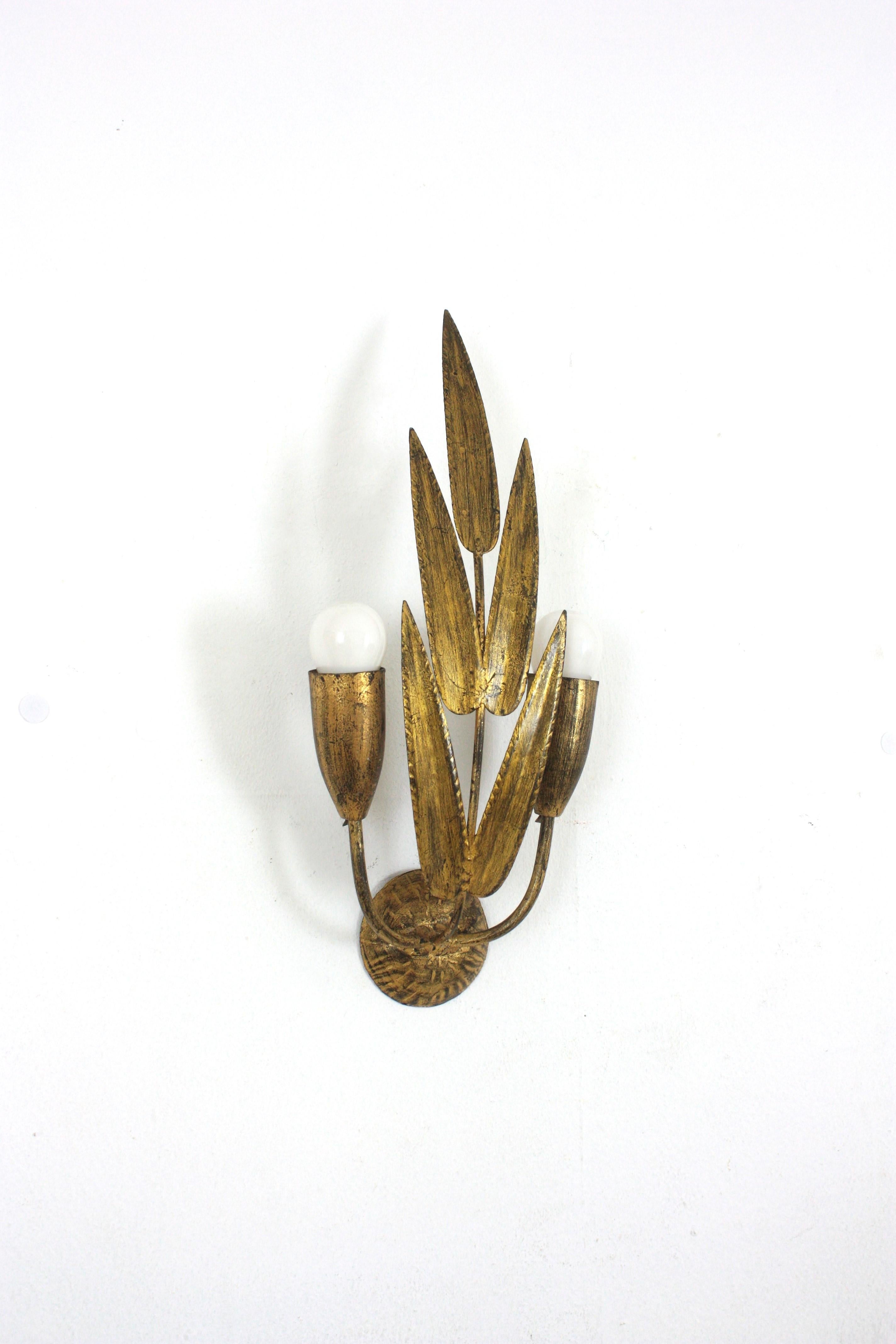 Pair of Spanish Wall Sconces with Foliage Design, Gilt Iron 5