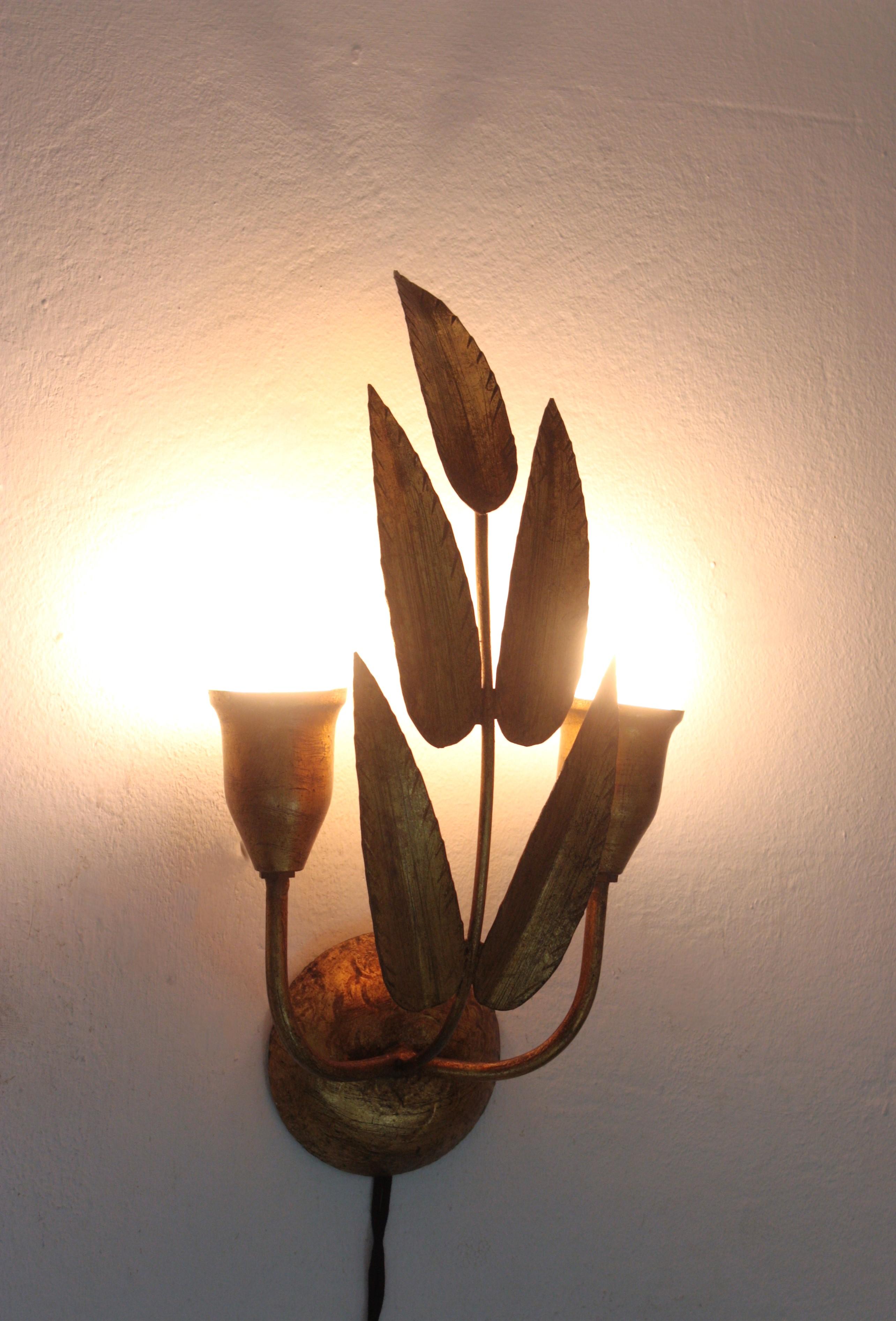 Pair of Spanish Wall Sconces with Foliage Design, Gilt Iron 6