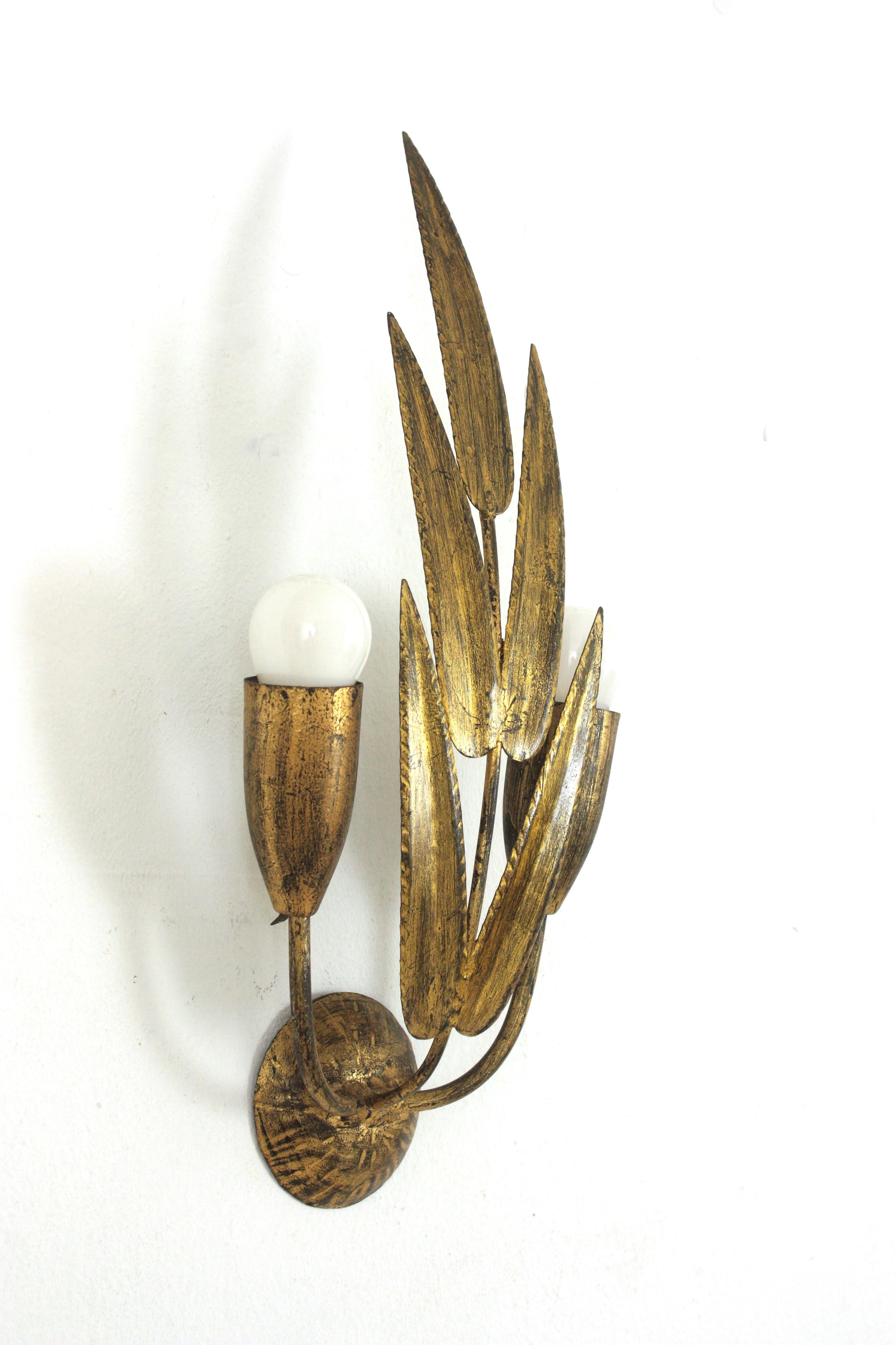 Pair of Spanish Wall Sconces with Foliage Design, Gilt Iron 6