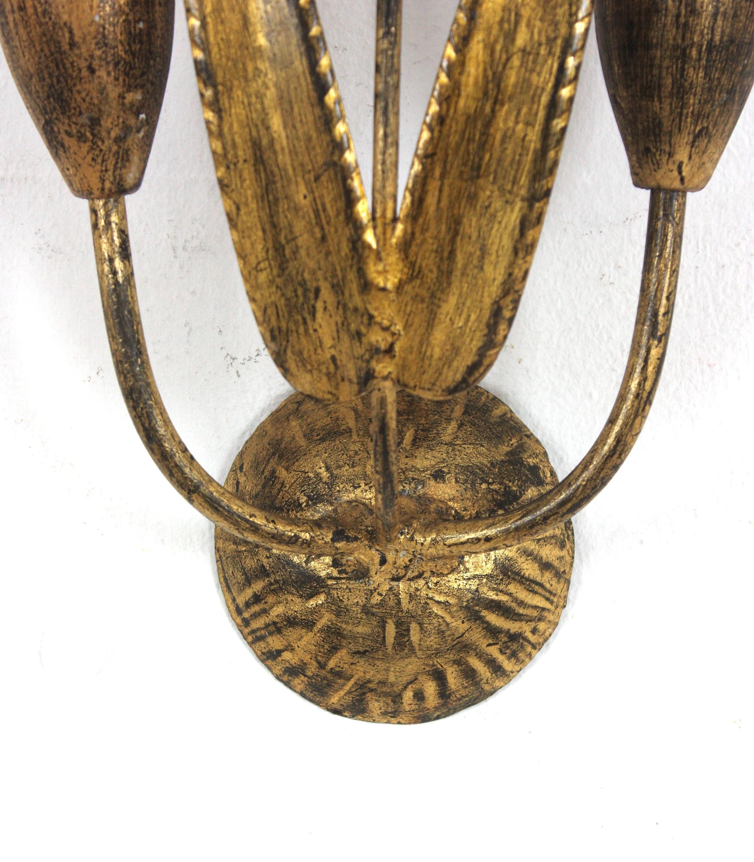 Pair of Spanish Wall Sconces with Foliage Design, Gilt Iron 7