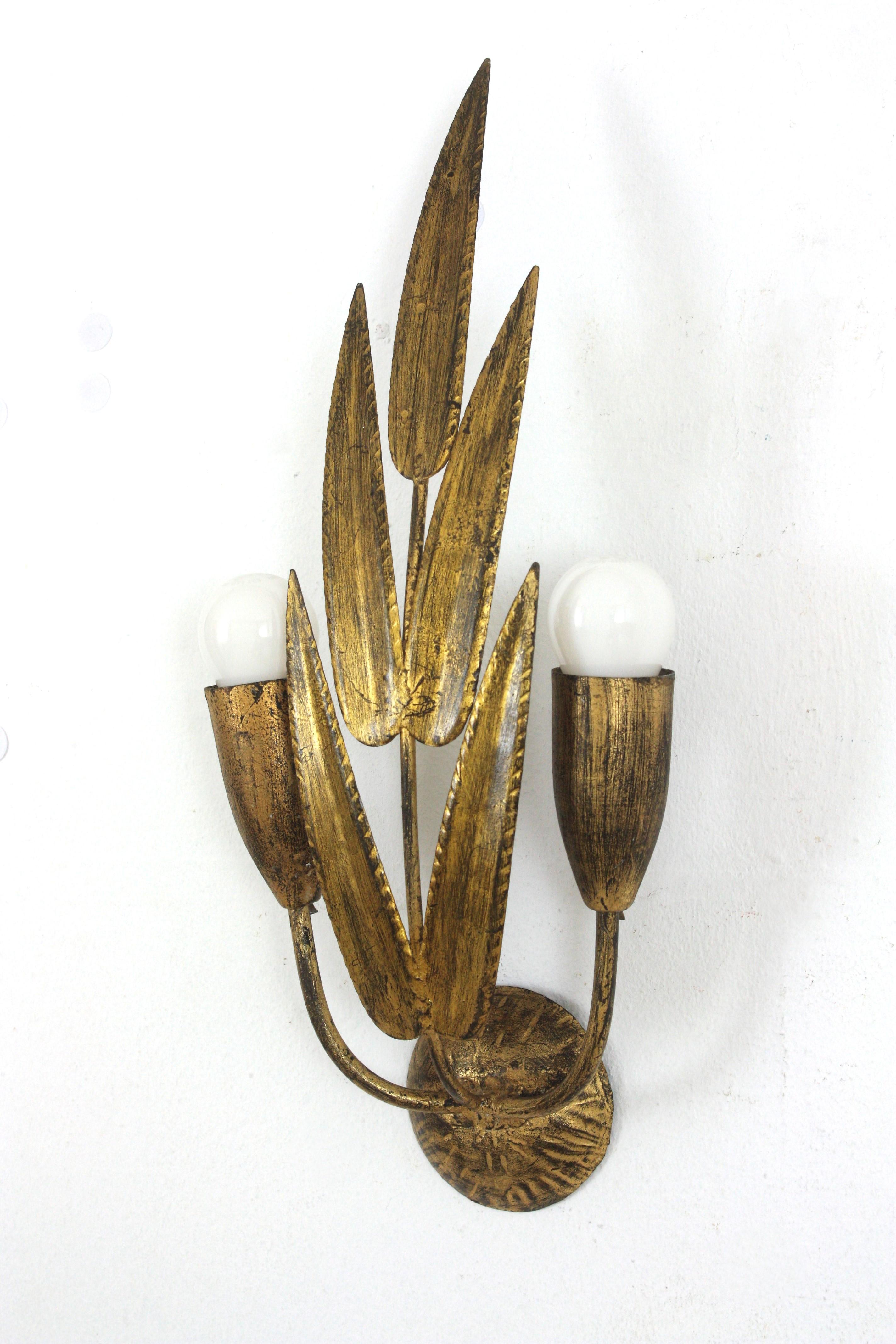 Pair of Spanish Wall Sconces with Foliage Design, Gilt Iron 8