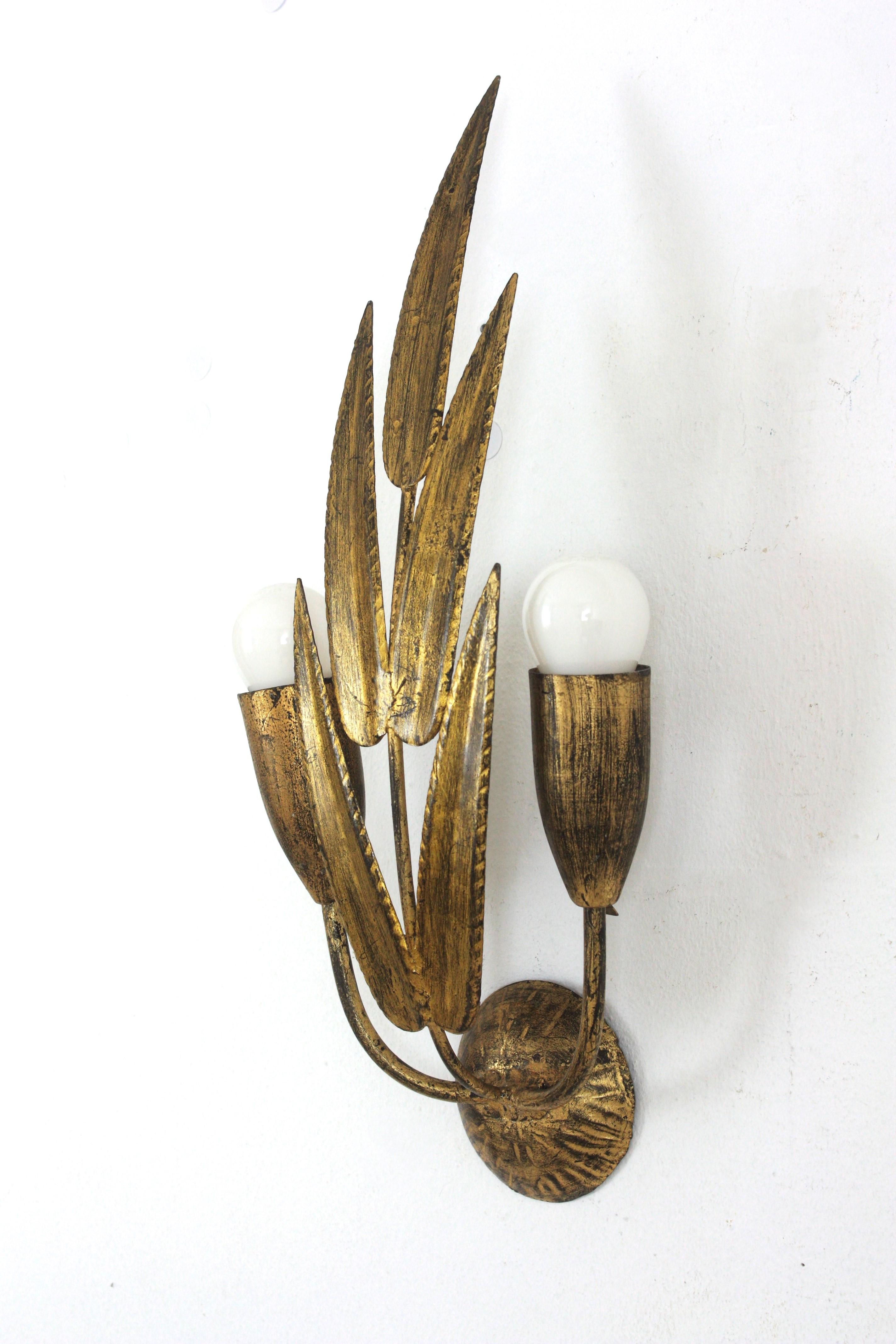Pair of Spanish Wall Sconces with Foliage Design, Gilt Iron 9
