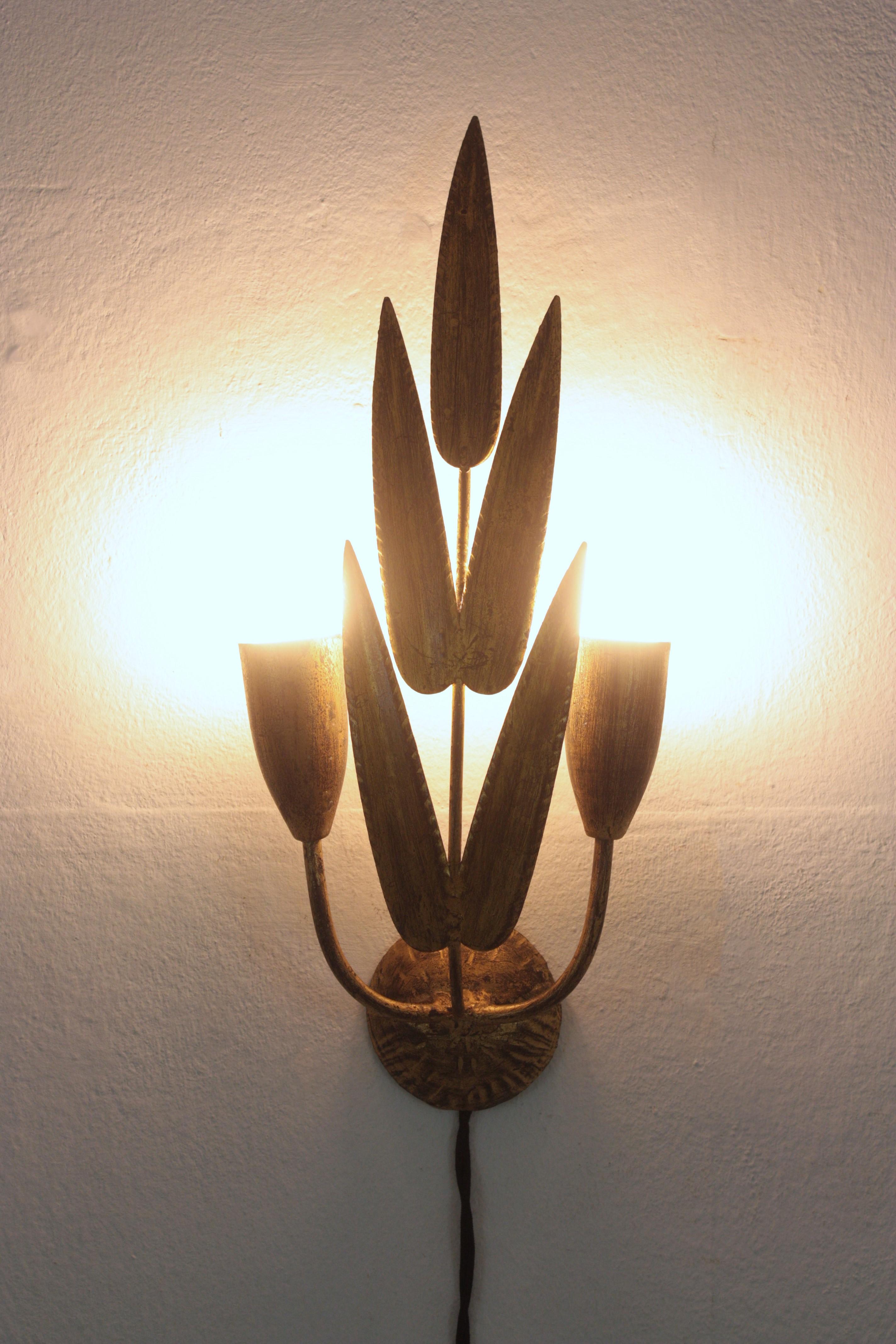 Pair of Spanish Wall Sconces with Foliage Design, Gilt Iron 10