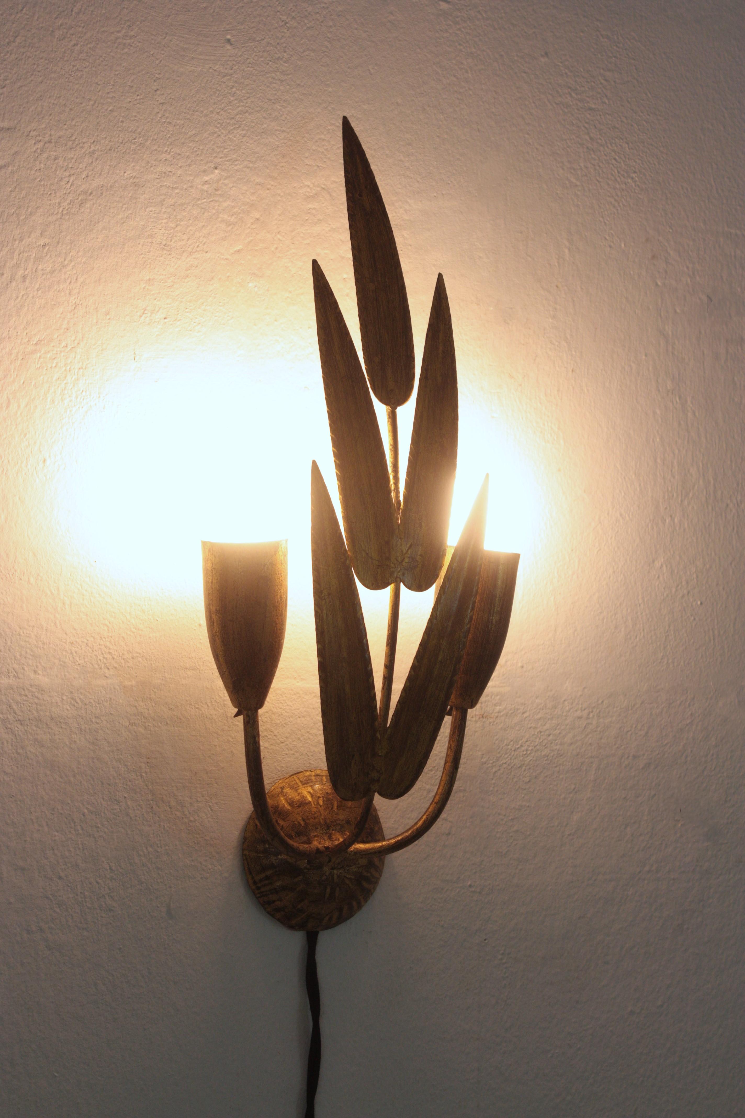 Pair of Spanish Wall Sconces with Foliage Design, Gilt Iron 11
