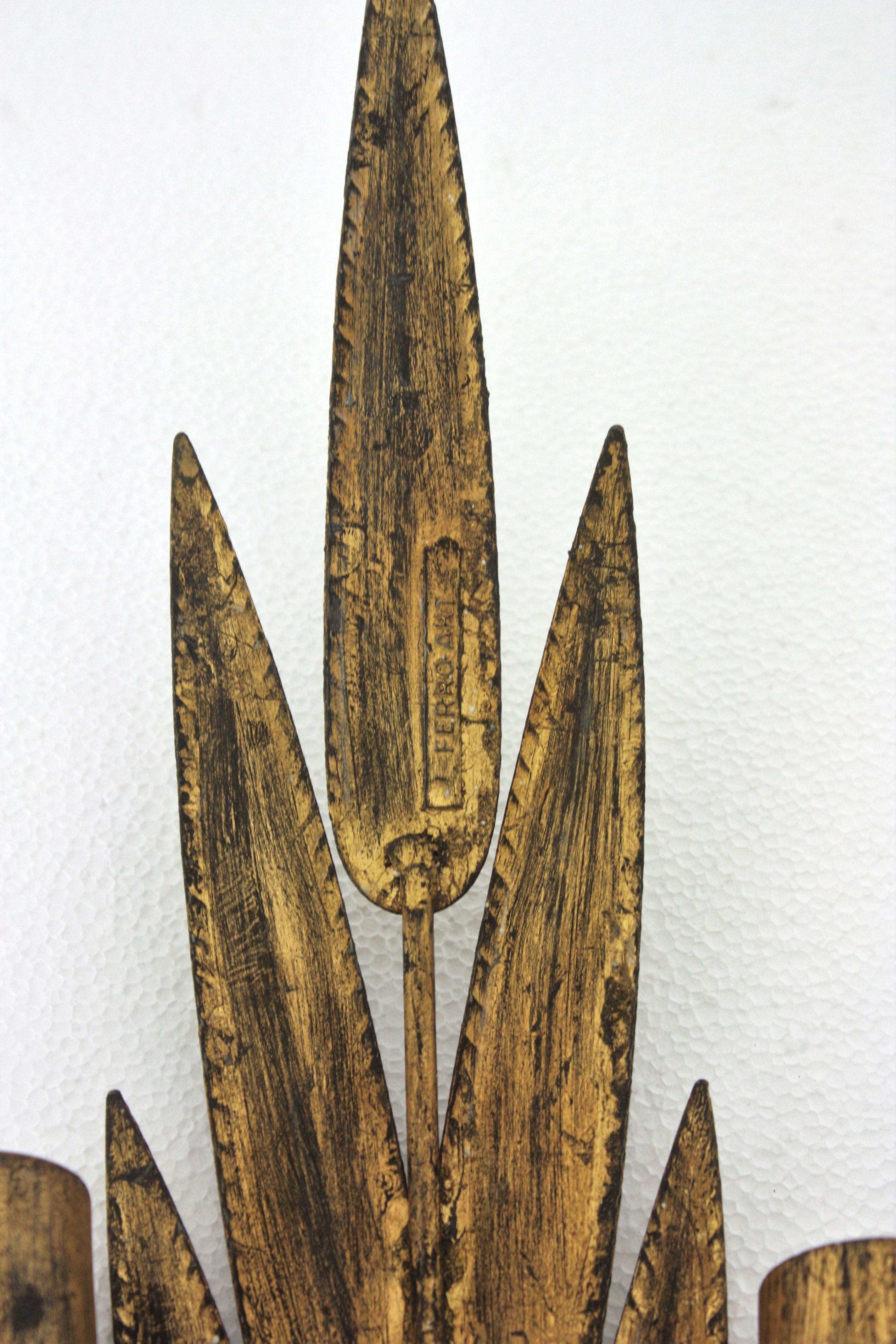 Pair of Spanish Wall Sconces with Foliage Design, Gilt Iron 12