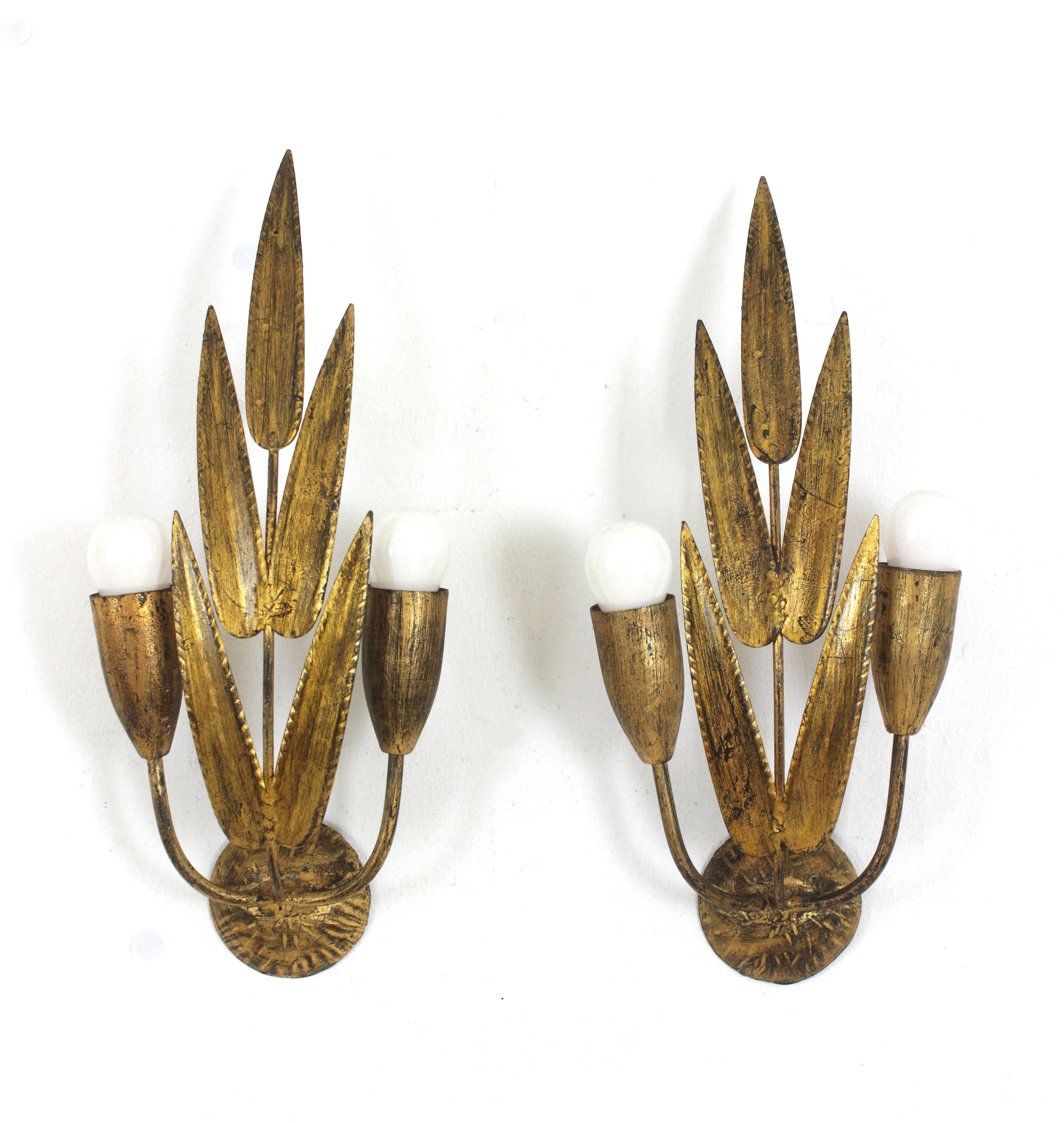 Eye-catching Pair of Hollywood Regency Gilt Metal Leaves Wall Lights . Manufactured by Ferro Art. Spain, 1950s
These palmette wall sconces have a design of leaves holding two arms with one light each.
They will be a nice addition to any Midcentury,