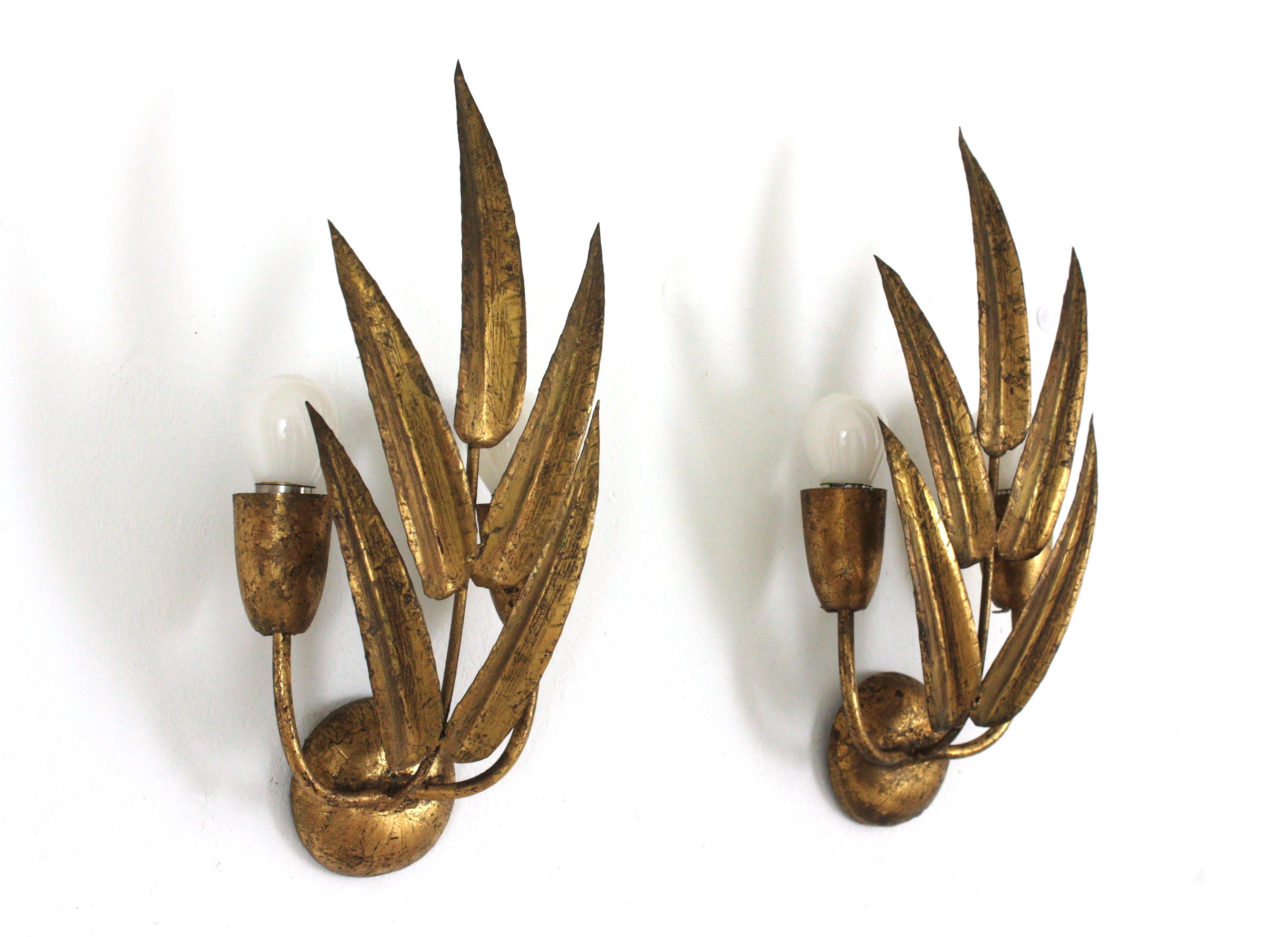 Llamativa Pareja de Apliques de Hojas de Metal Dorado Hollywood Regency . Fabricado por Ferro Art. España, años 50
Estos apliques de palmetas tienen un diseño de hojas que sujetan dos brazos con una luz cada uno.
Serán un bonito complemento para