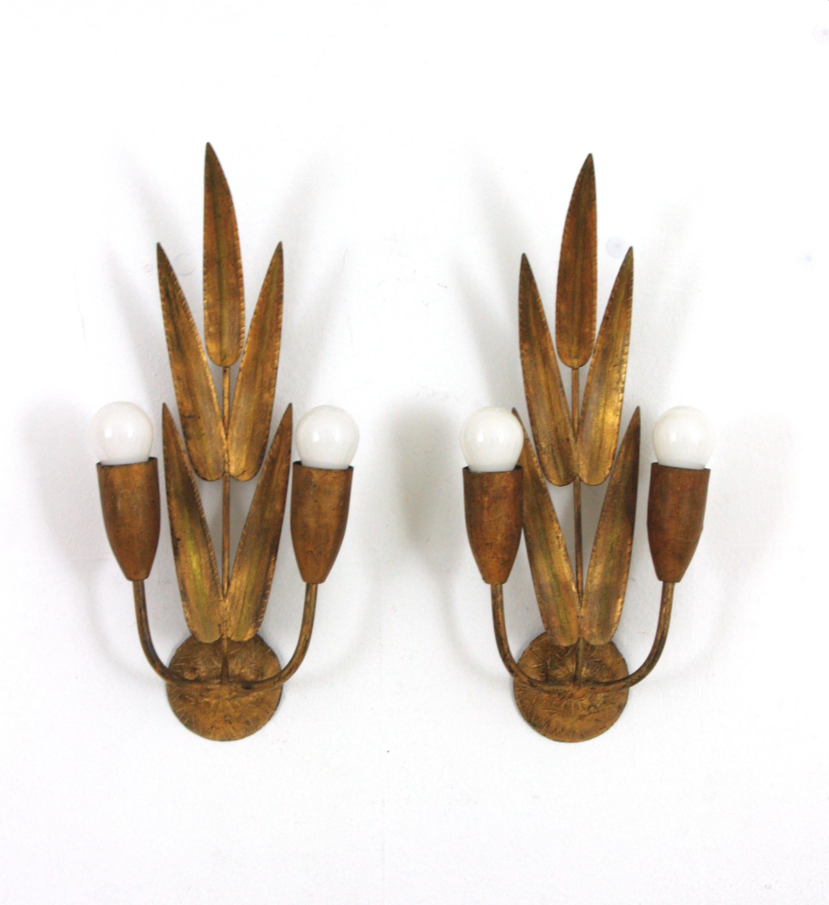 Hollywood Regency Pair of Spanish Wall Sconces with Foliage Design, Gilt Iron