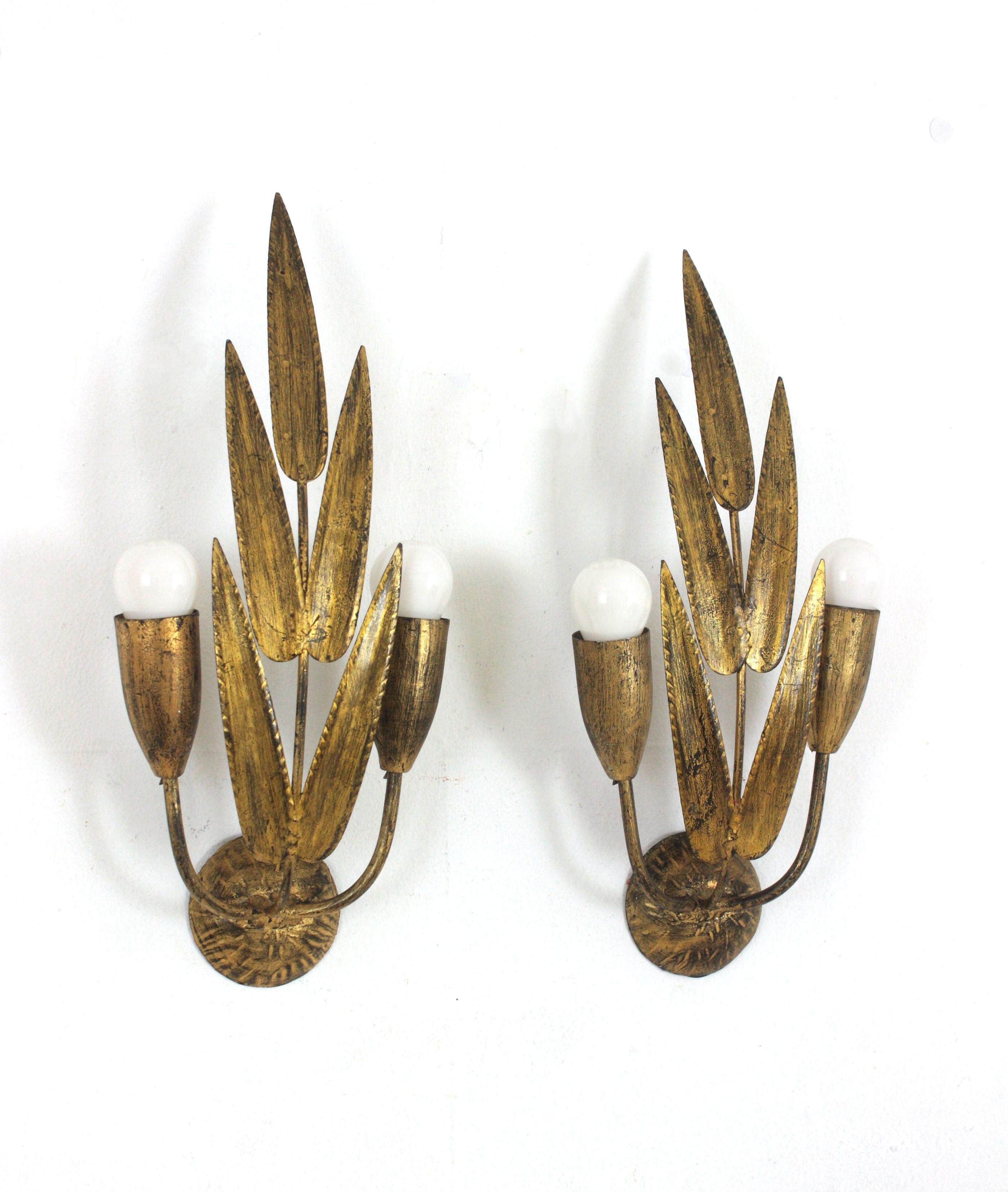 Hollywood Regency Pair of Spanish Wall Sconces with Foliage Design, Gilt Iron