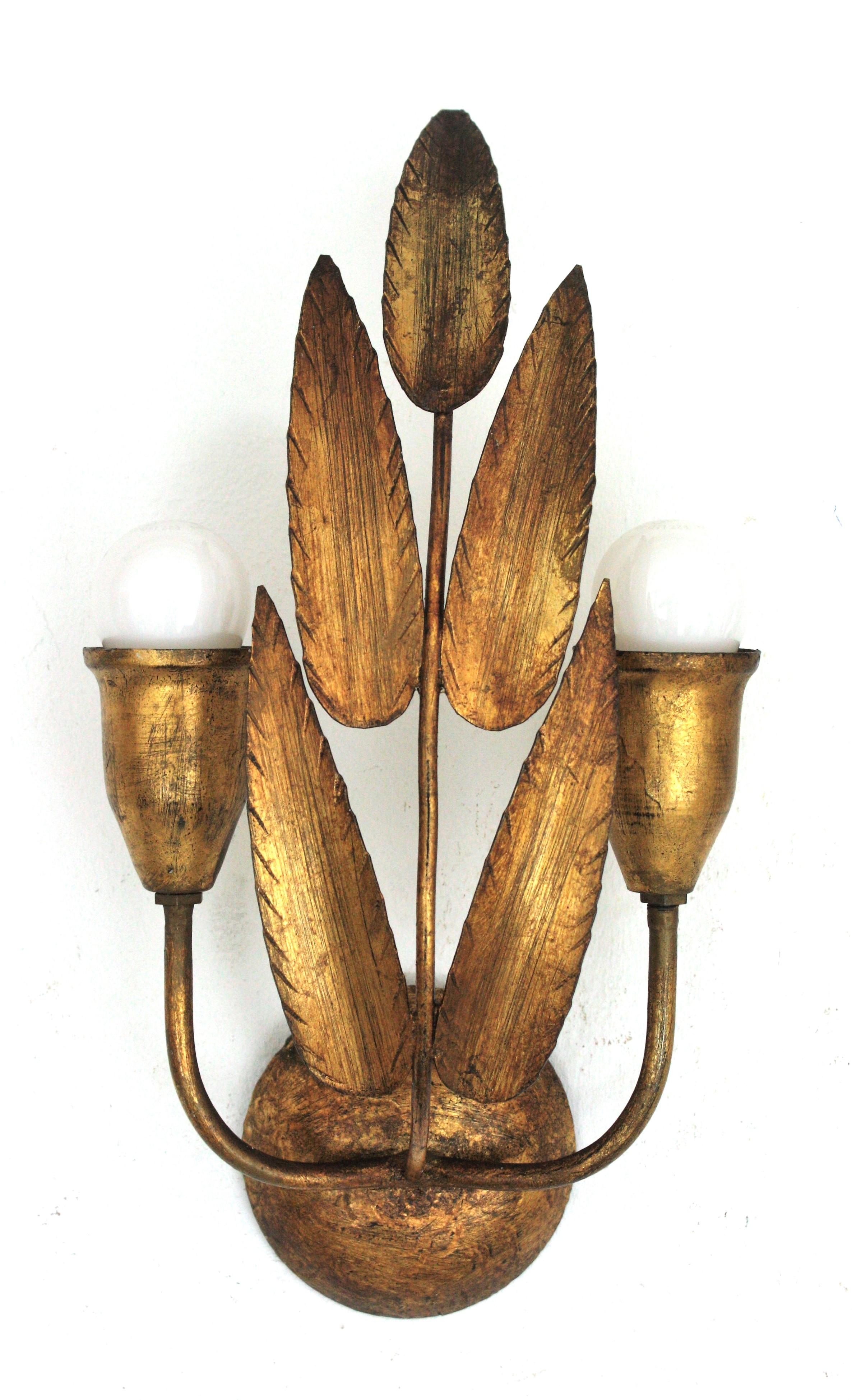 20th Century Pair of Spanish Wall Sconces with Foliage Design, Gilt Iron