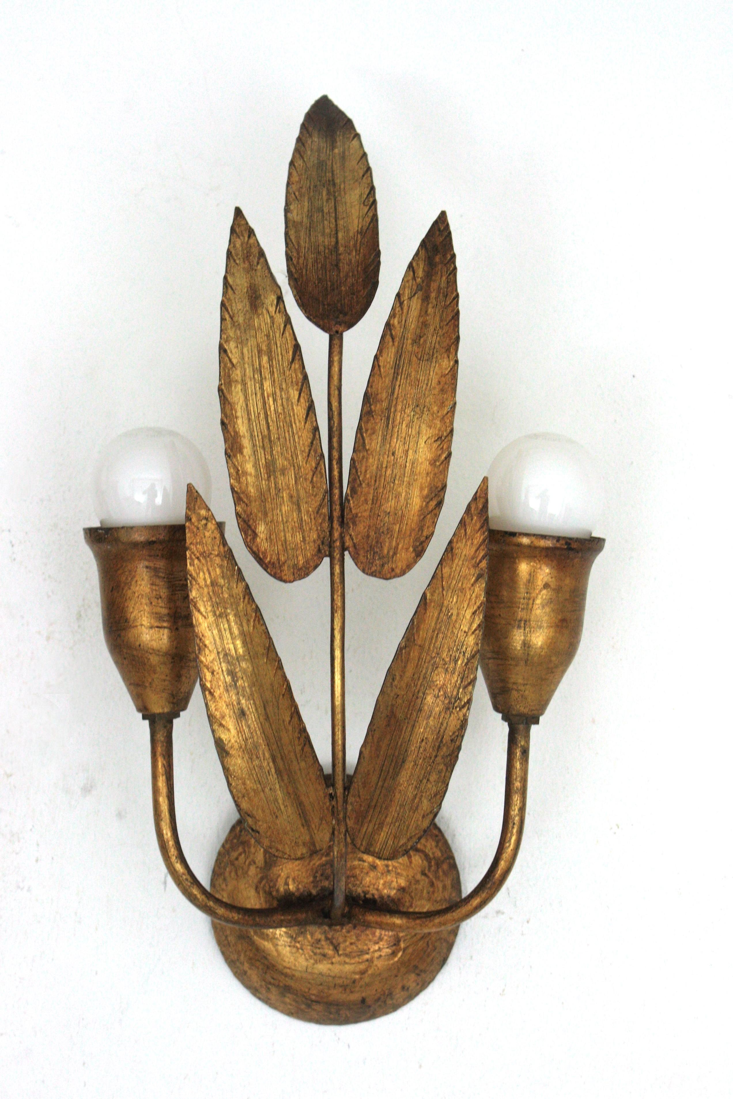 Pair of Spanish Wall Sconces with Foliage Design, Gilt Iron 1