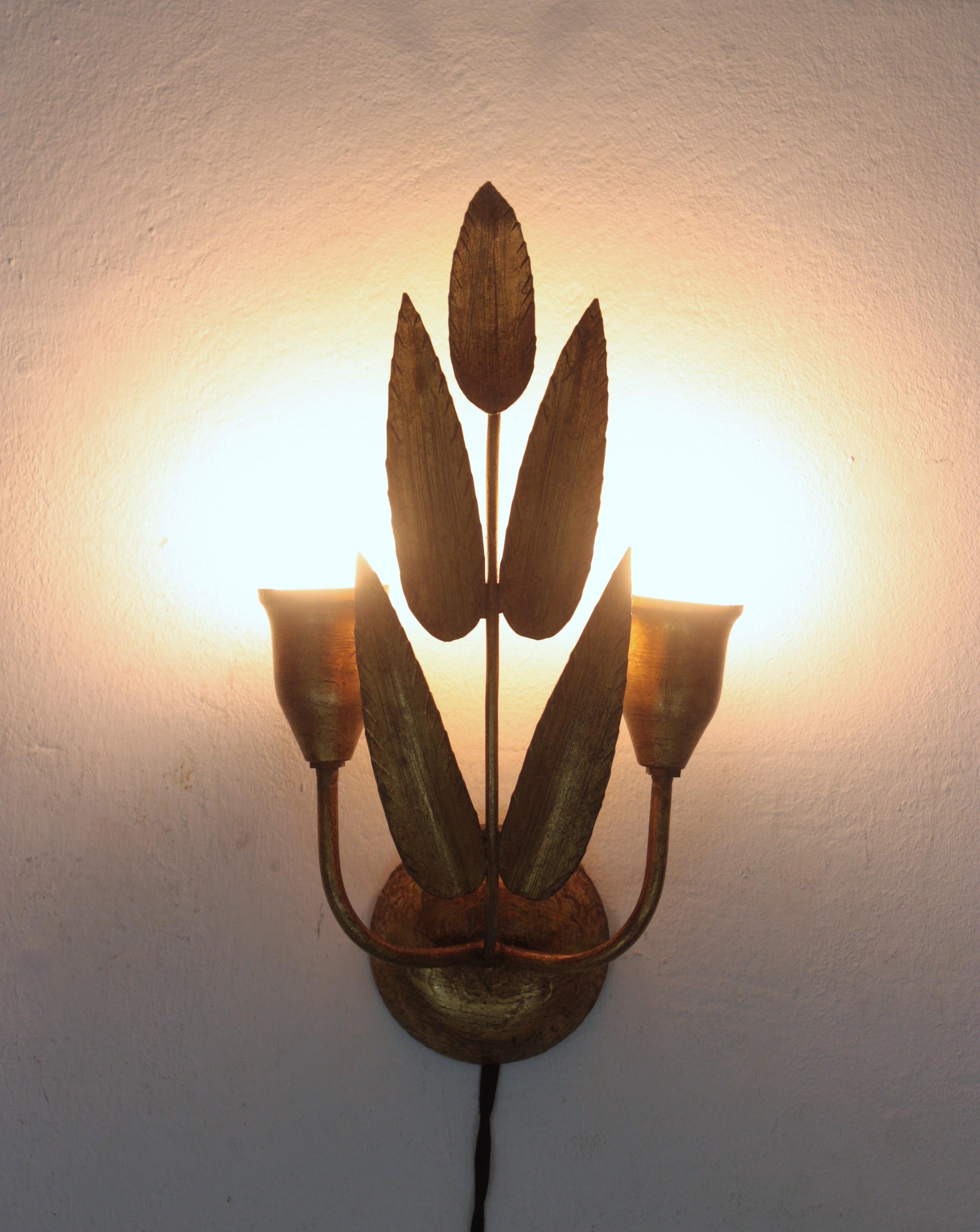 Pair of Spanish Wall Sconces with Foliage Design, Gilt Iron 2