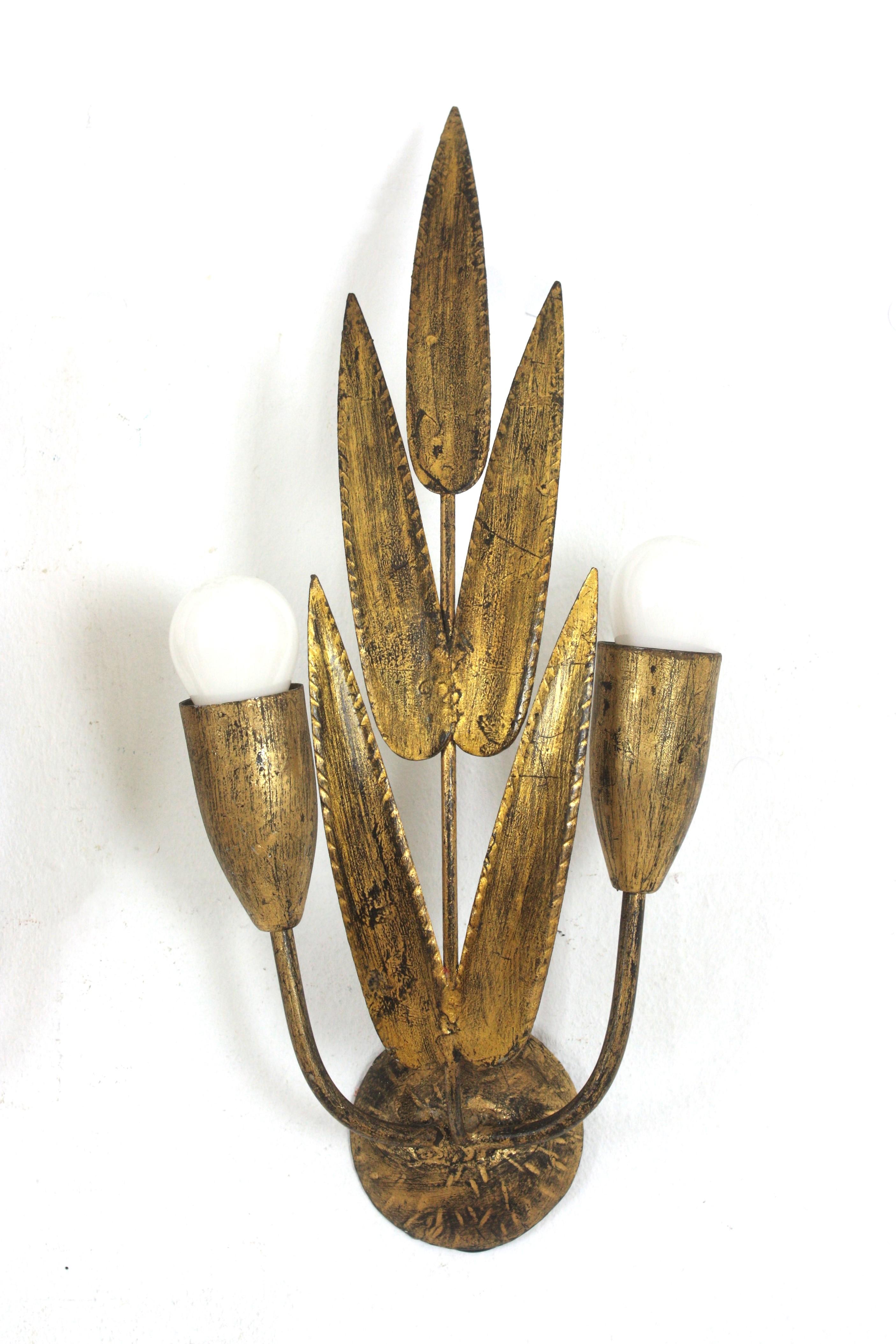 Pair of Spanish Wall Sconces with Foliage Design, Gilt Iron 2