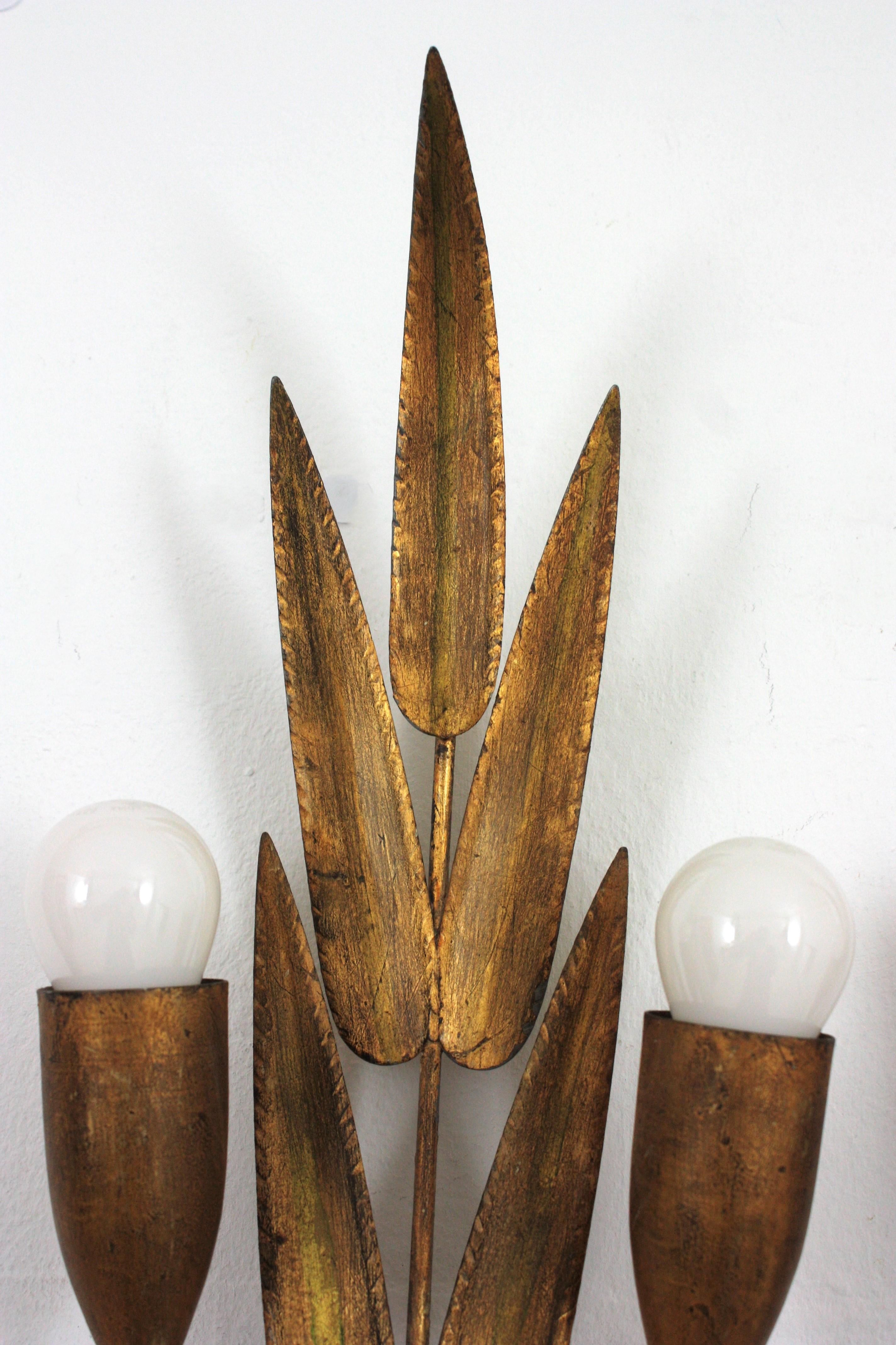 Pair of Spanish Wall Sconces with Foliage Design, Gilt Iron 2