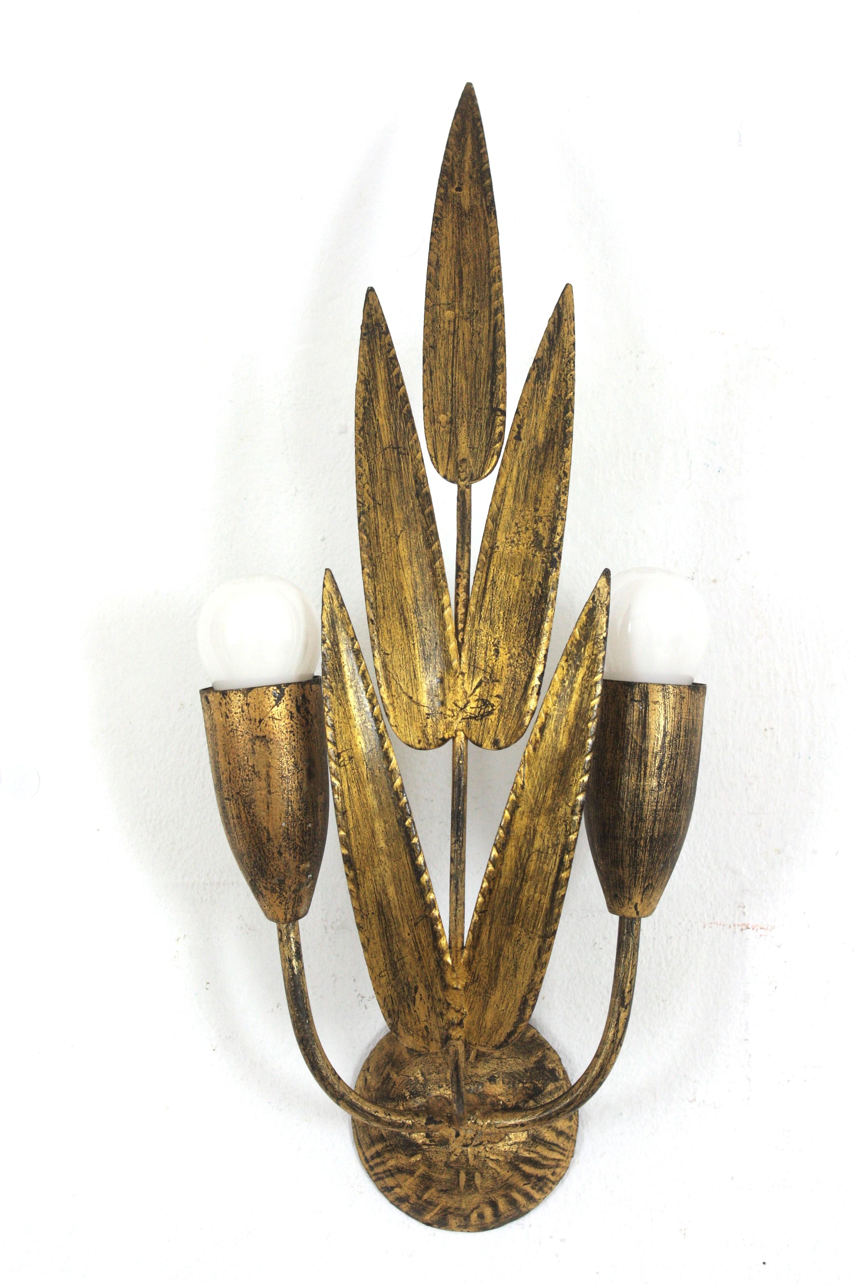 Pair of Spanish Wall Sconces with Foliage Design, Gilt Iron 3