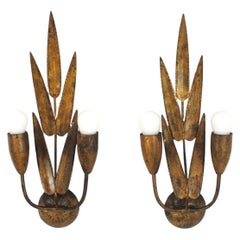 Pair of Spanish Wall Sconces with Foliage Design, Gilt Iron