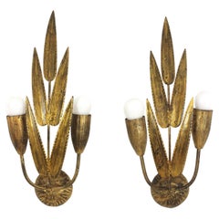 Pair of Spanish Wall Sconces with Foliage Design, Gilt Iron