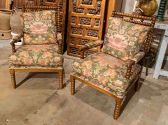 Pair of Spanish Walnut Armchairs with Turned Legs. Upholstered.