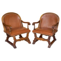 Pair of Spanish Walnut & Leather Armchairs with Nailhead Trim, Circa 1920