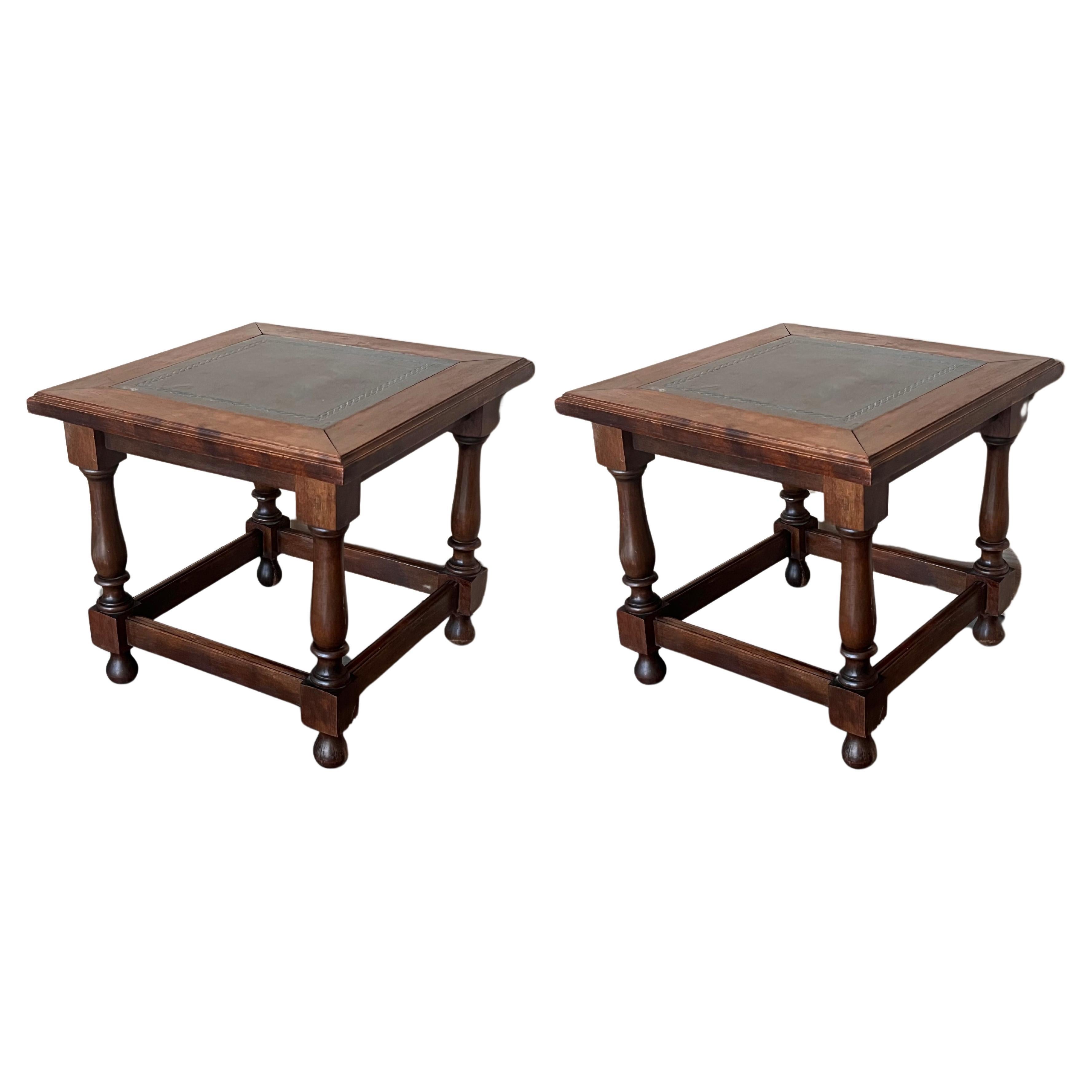 Pair of Spanish Walnut Side or Coffee Tables with leather top For Sale