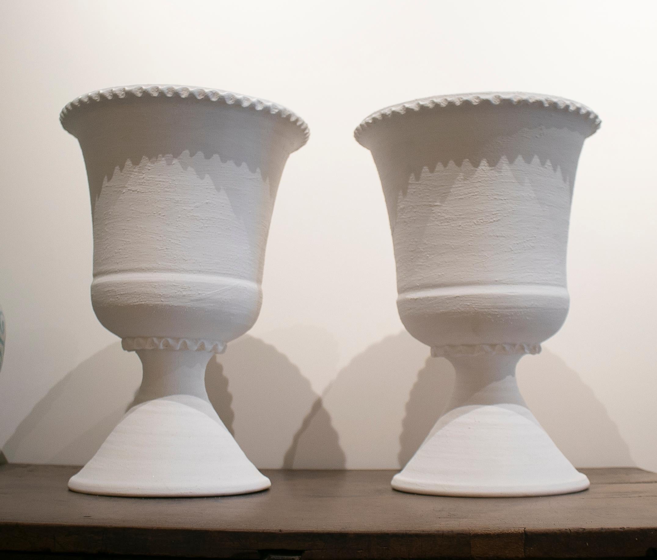Pair of Spanish White Terracotta Earthenware Vases 5