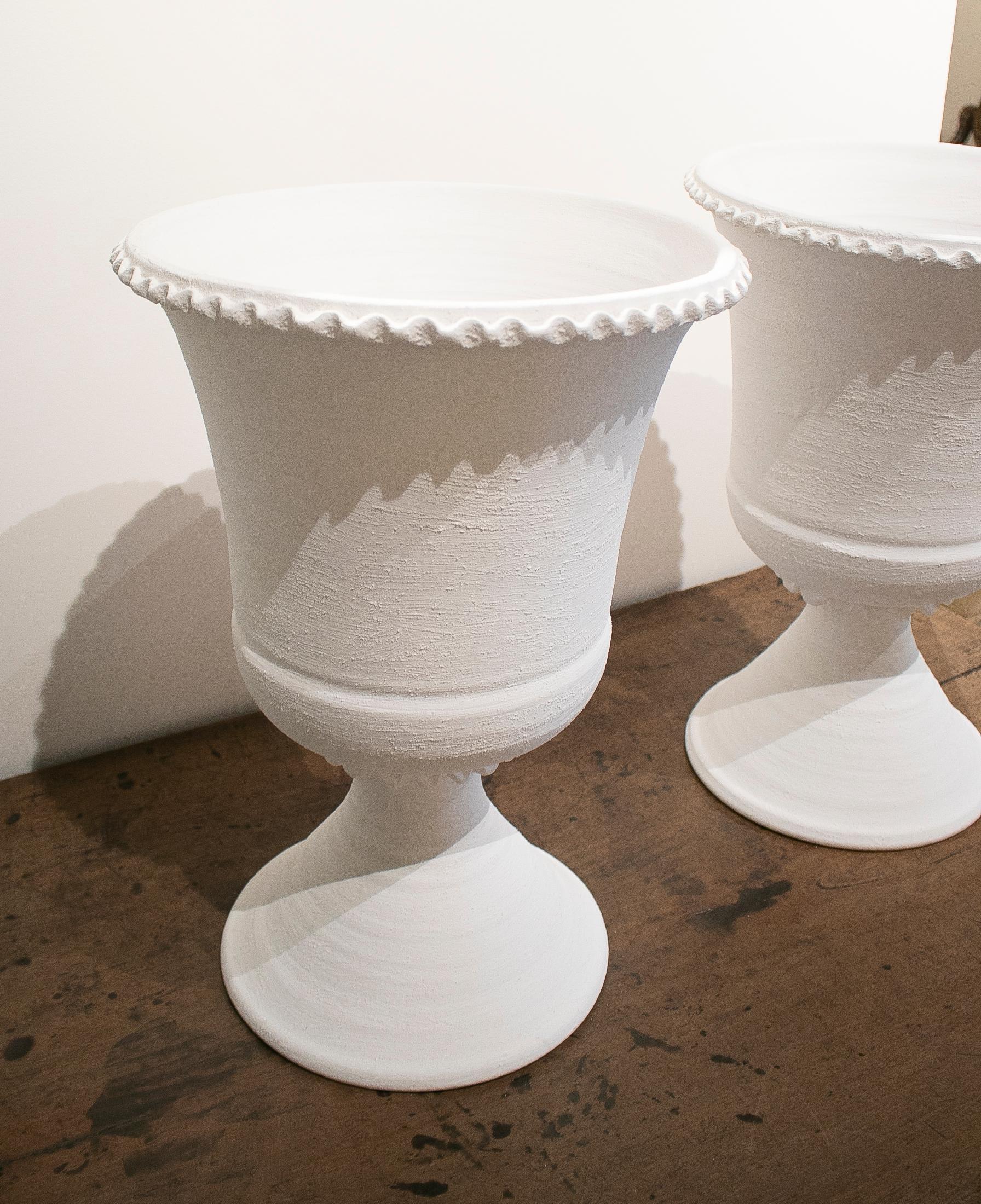 20th Century Pair of Spanish White Terracotta Earthenware Vases