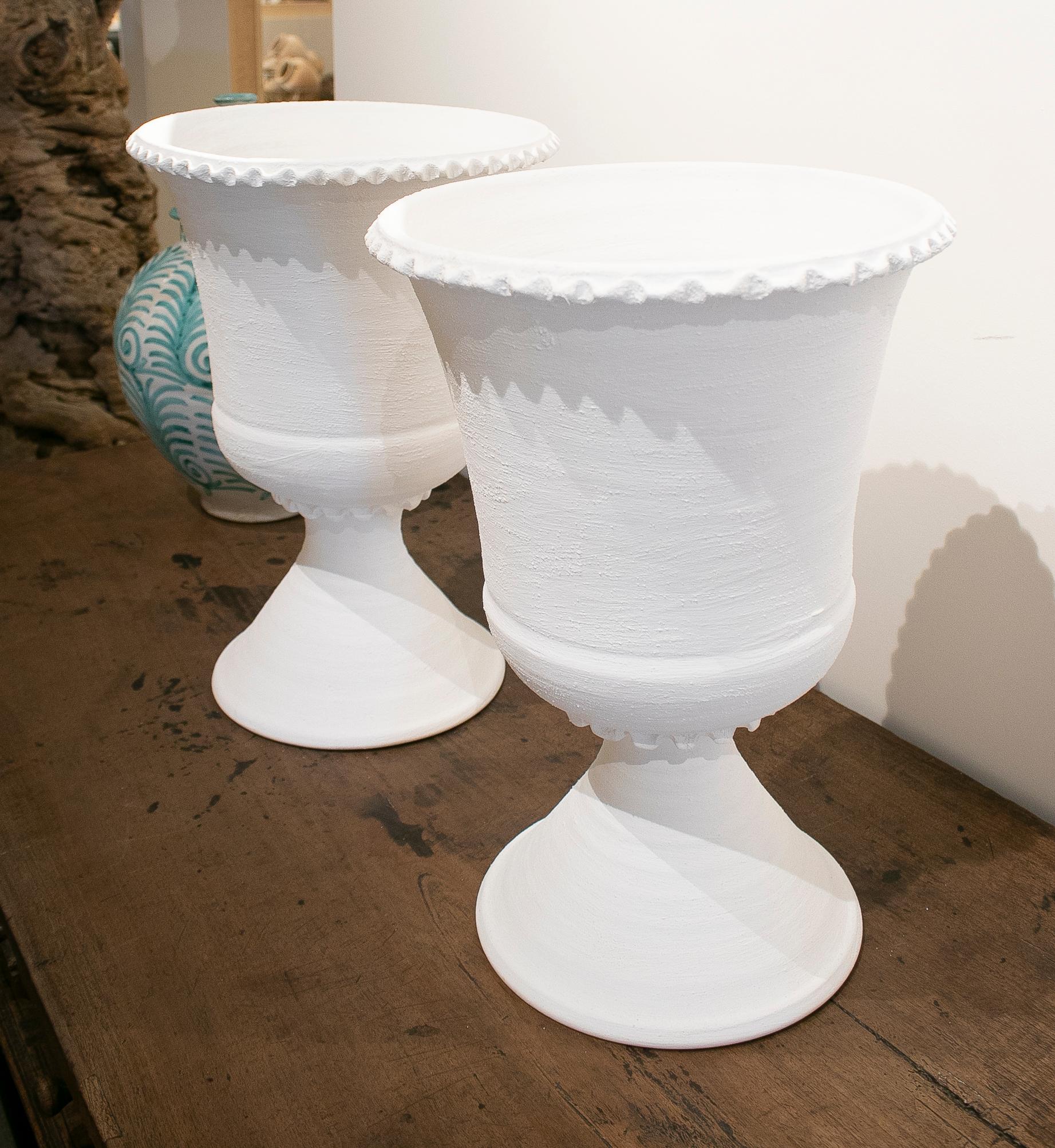 Pair of Spanish White Terracotta Earthenware Vases 1