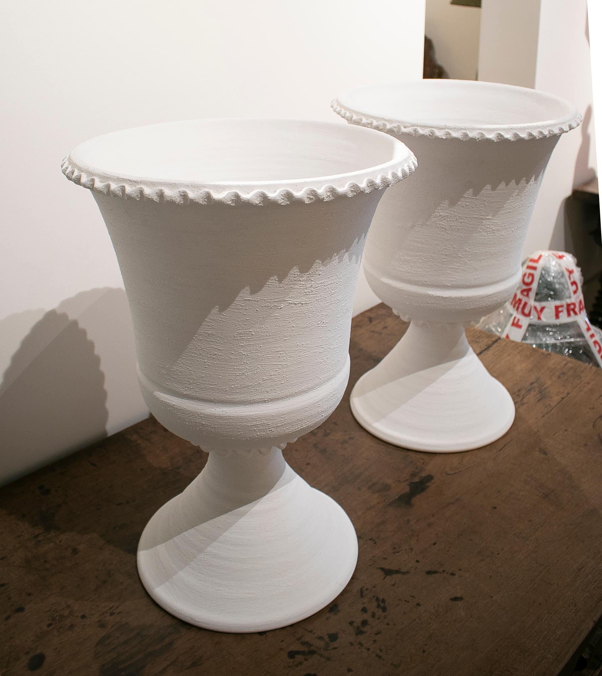 Pair of Spanish White Terracotta Earthenware Vases 4